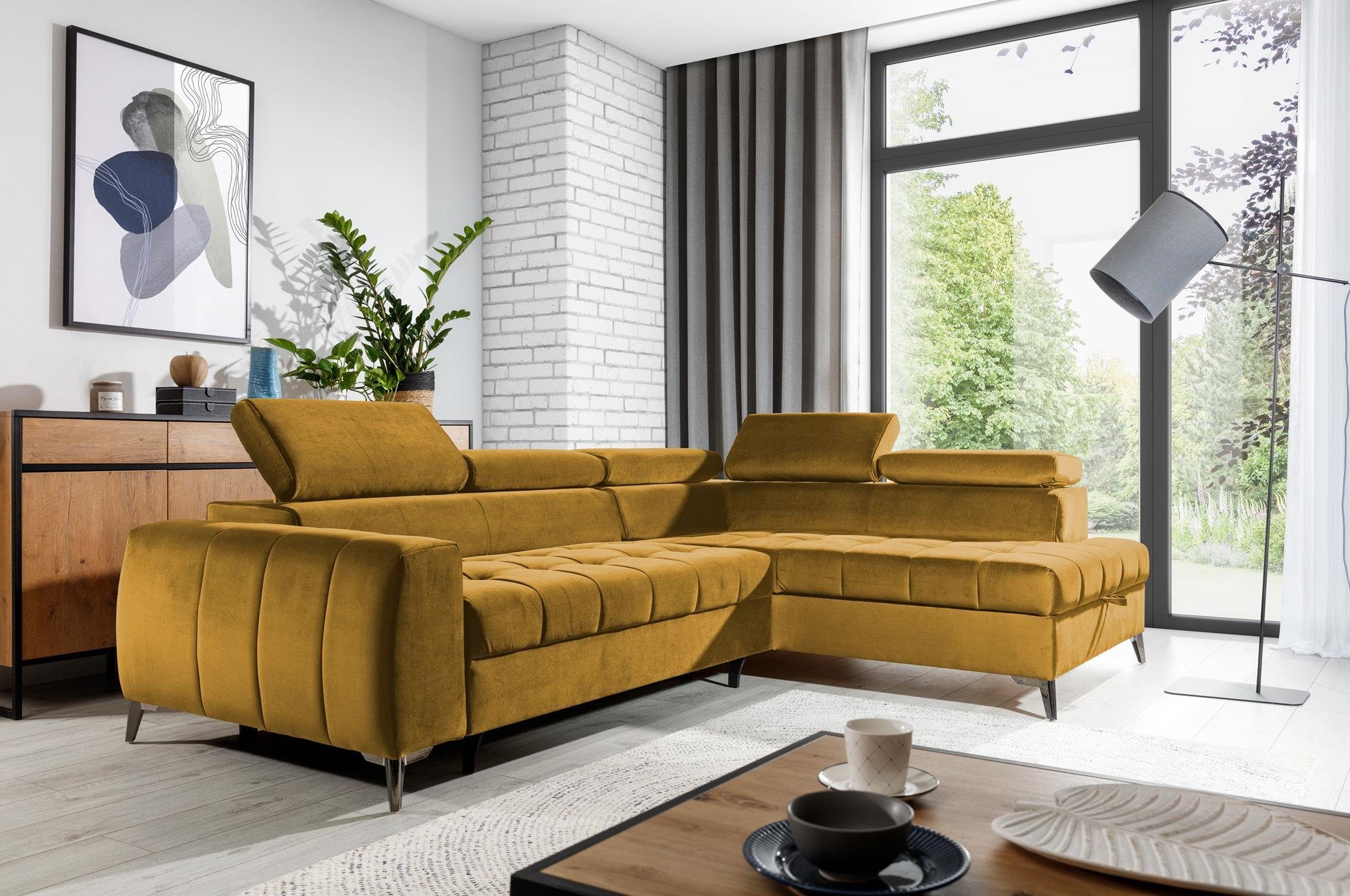 Furnix Ecksofa TOULOUS Sofa mit Schlaffunktion Automat DL Auswahl, hochwertige Verarbeitung Maße: B275 x H95 x B200 cm Ocker Gelb
