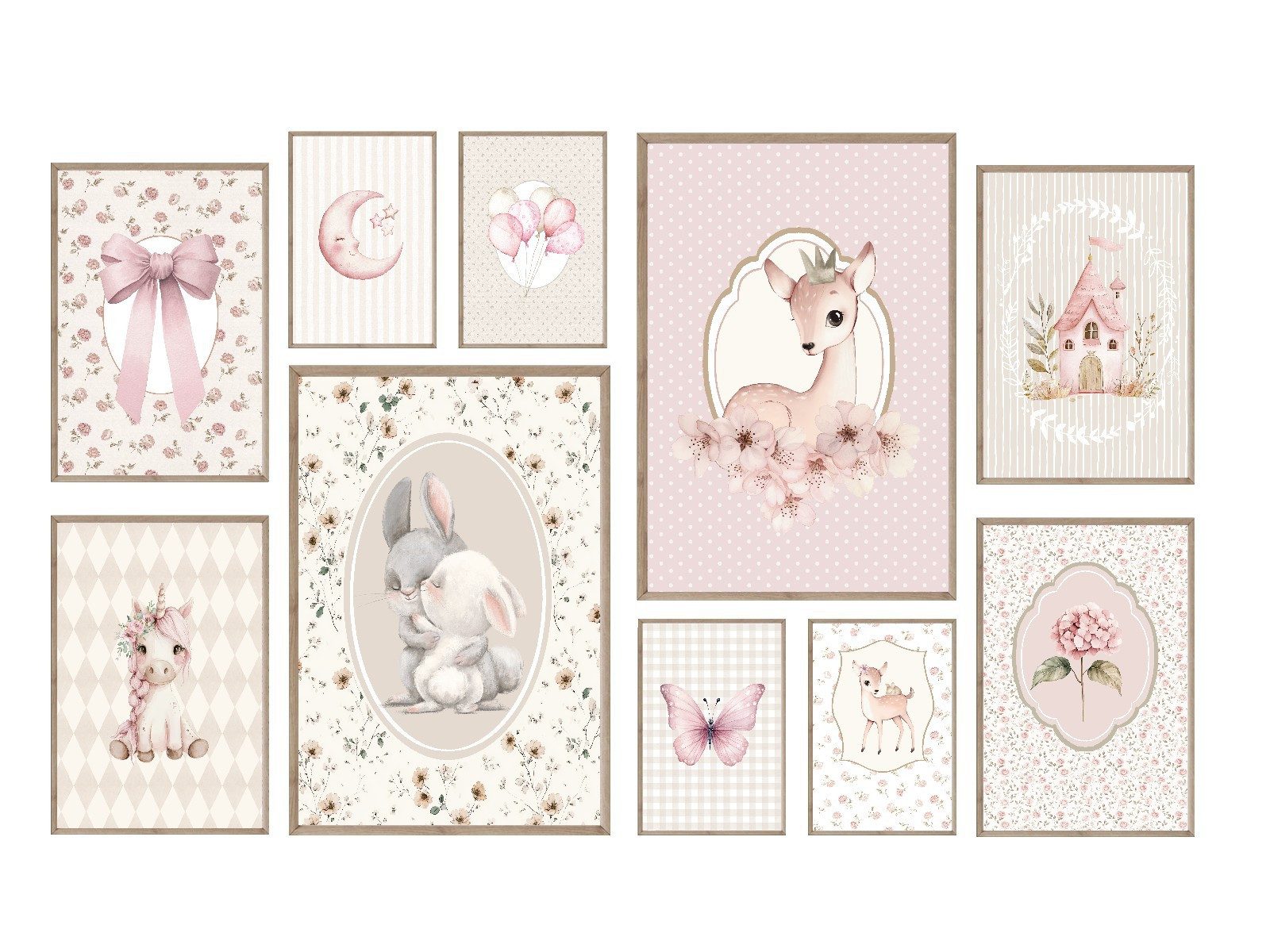 homestyle-accessoires Poster Kinderzimmer Bilderwand 10erSet Bilderset Baby BAMBI EINHORN, (10 St), - Ohne Bilderrahmen - Sorgfältige & sichere Verpackung