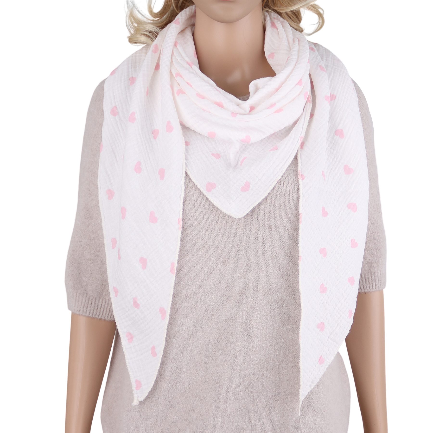 MIRROSI Dreieckstuch Aus Musellin Dreiecksschal ca.195x80 cm, Herz Print Made in Italy, (Leicht ideal für das ganze Jahr, 100% Baumwolle), in tollen Farben (Herzprint)