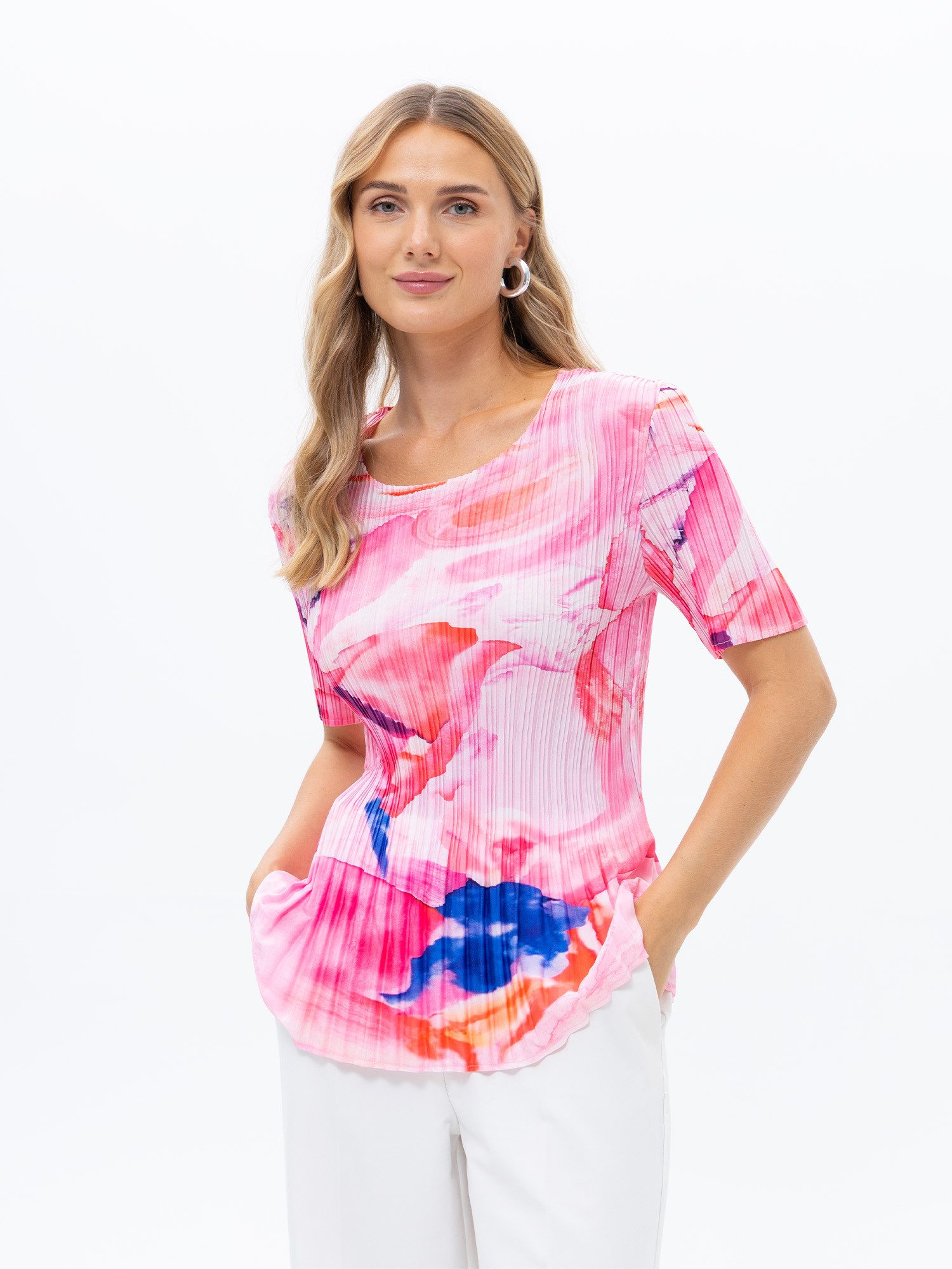 Passioni Plisseeshirt in Pink und blau Plissé T-Shirt mit kurzen Ärmel Einheitsgröße (36-50)