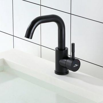 Auralum Waschtischarmatur 360° Drehbar Badarmatur Wasserhahn + Ablaufgarnitur mit Überlauf Badarmatur mit Pop Up, Schwarz