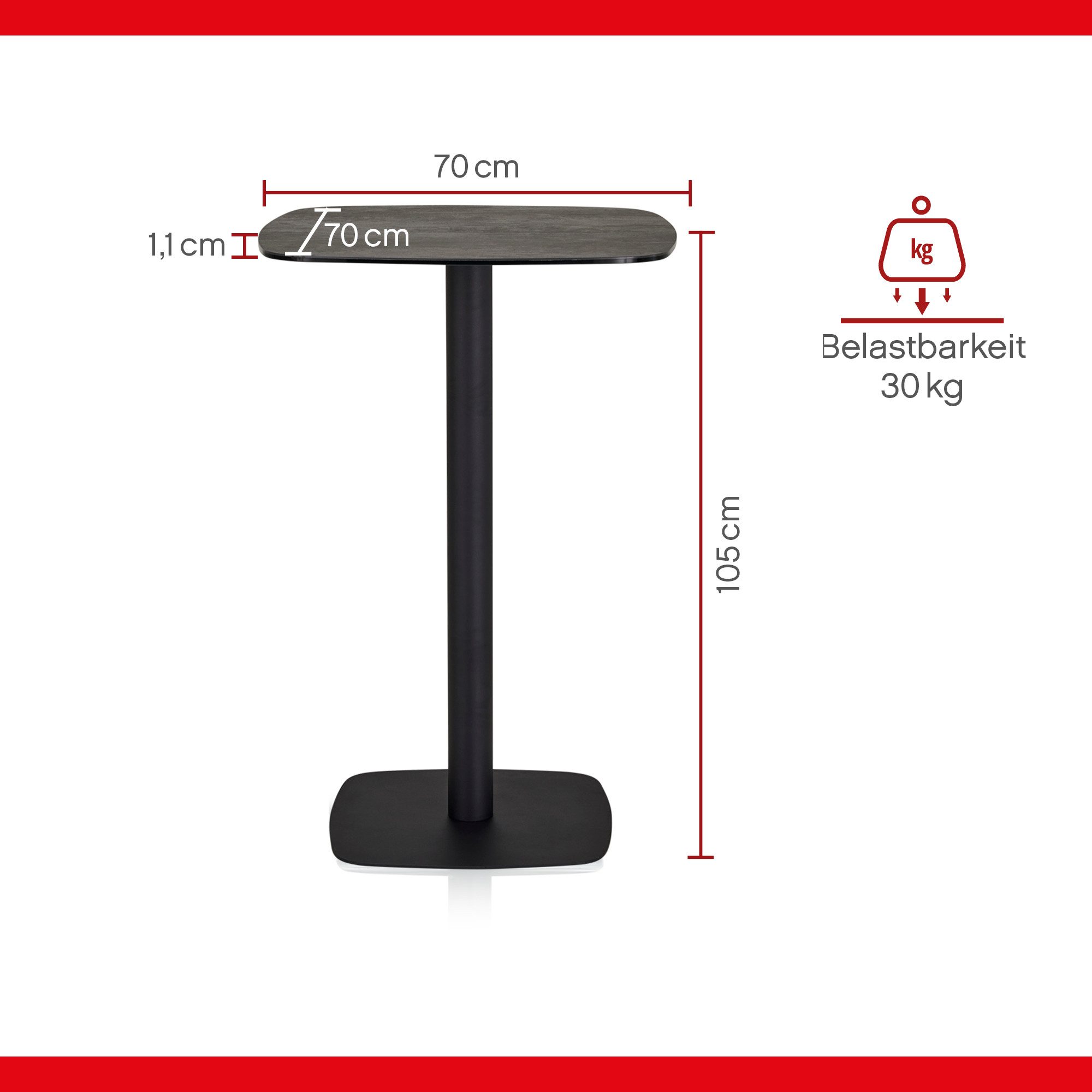 KHG Bartisch Quadratisch, Säulengestell, 70x70x105 cm, bis 30 kg belastbar, Keramik Tischplatte, UV Beständig, Kälte-, Hitze- und Fleckenresistent