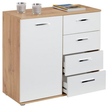 CARO-Möbel Kommode CHICAGO, Kommode Sideboard Highboard 4 Schubladen, 1 Tür in Wotan Eiche/weiß