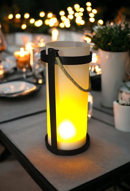 Arnusa LED Windlicht Solar Laterne Outdoor Tischlampe aus Glas und Metall Flammen-Effekt, LED fest integriert, Warmweiß, Hängend/Stehend, wetterfeste Gartendeko 30,5 cm