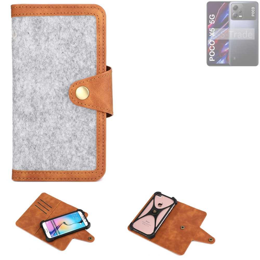 K-S-Trade Handyhülle für POCO X5 5G, Handyhülle Schutzhülle Filz-Hülle Kunst-Leder hellgrau braun
