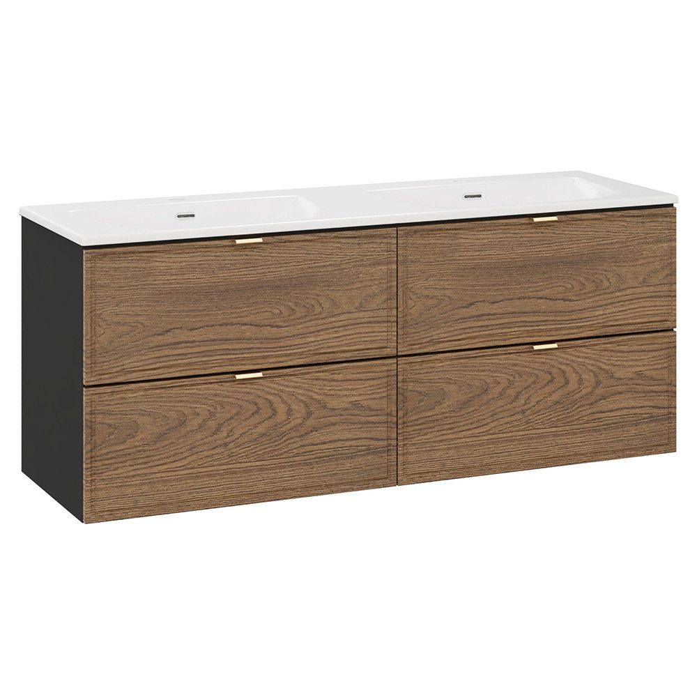 Lomadox Doppelwaschtisch TARSIA-56, Keramikwaschbecken, Eiche mit schwarz, 121cm breit