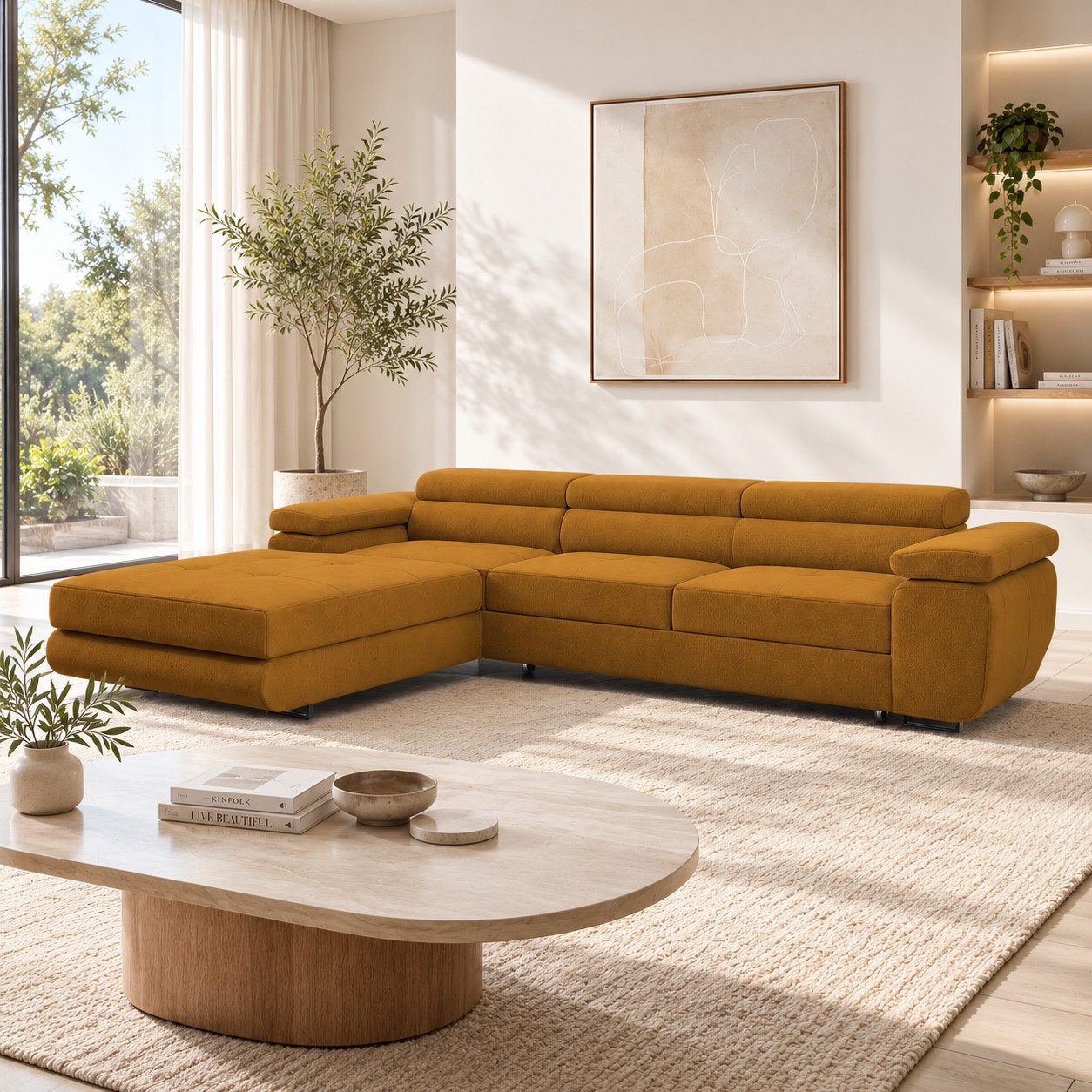 Goldstoff Ecksofa mit Schlaffunktion und Bettkasten, Designer Schlafsofa mit Bettkasten, Big Sofa - VENUS TWIN, Couch mit verstellbaren Kopfstützen in gold