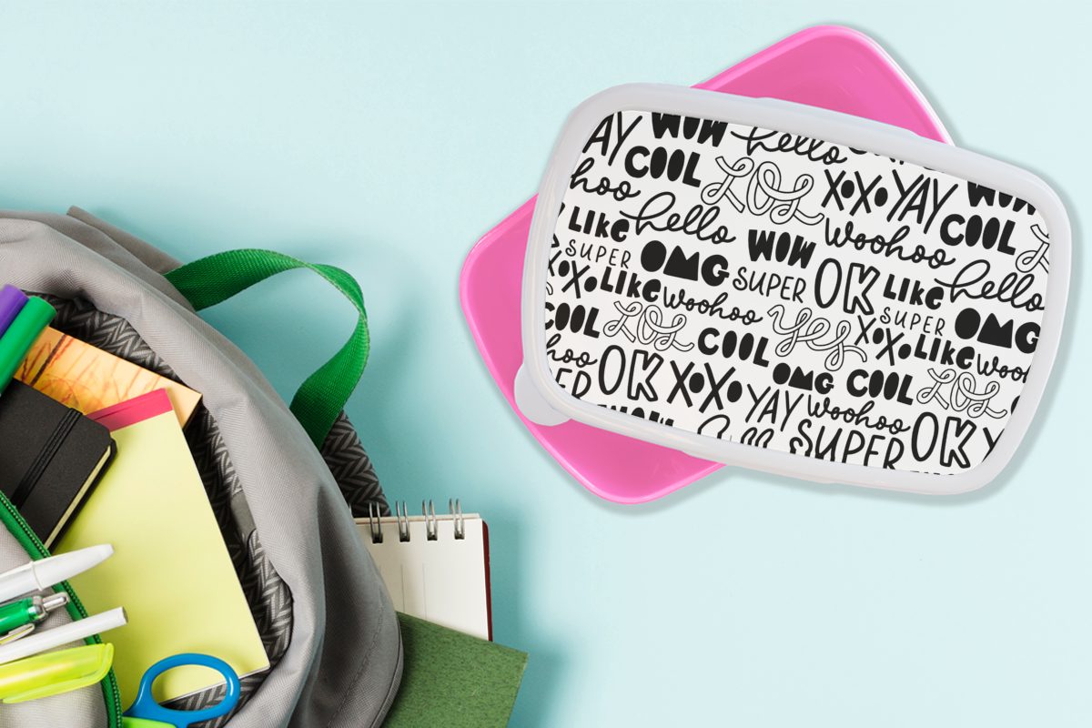 MuchoWow Lunchbox Muster - Teenager (2-tlg), Briefe, rosa Zitate - - Mädchen, für Kunststoff Kinder, Brotdose Kunststoff, Erwachsene, Brotbox Snackbox