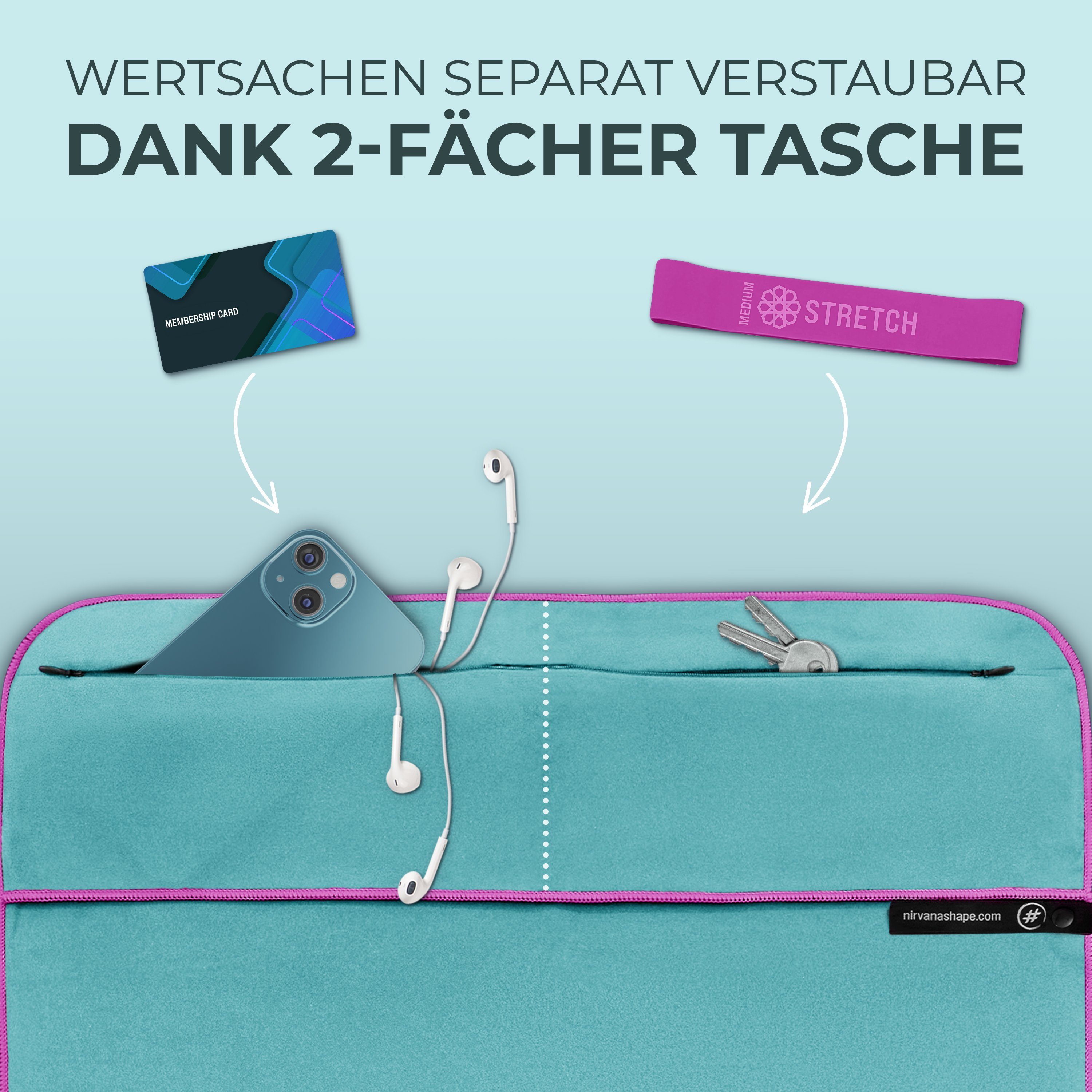 NirvanaShape Sporthandtuch Fitness-Handtuch mit Magnet-Clip, Mikrofaser Sporthandtuch, Microfaser, 2x Reißverschlusstaschen & Funktionaler Geräteüberzug, Ultra-Saugfähig