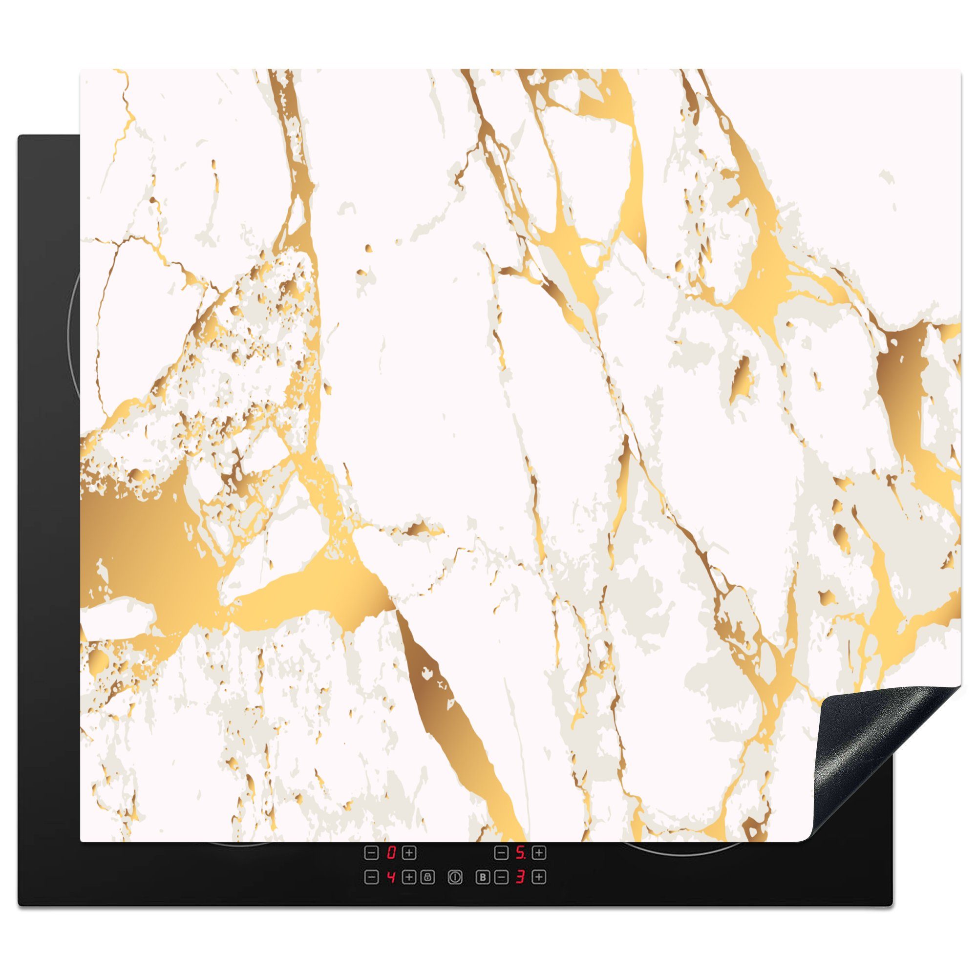 MuchoWow Herdblende-/Abdeckplatte Marmor - Gold - Weiß - Chic, Vinyl, (1 tlg), 59x52 cm, Ceranfeldabdeckung für die küche, Induktionsmatte