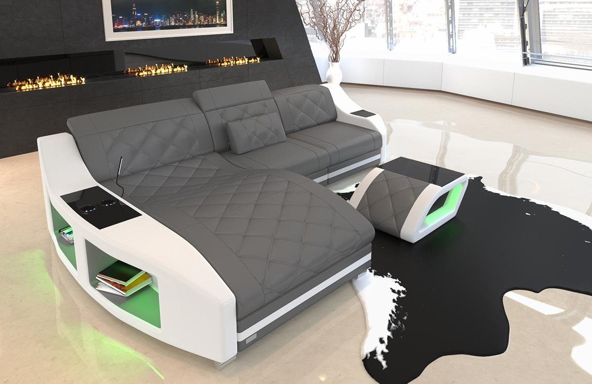 Sofa Dreams Ecksofa Leder Couch Ledersofa Swing L Form Sofa, mit LED, wahlweise mit Bettfunktion als Schlafsofa, grau-weiß