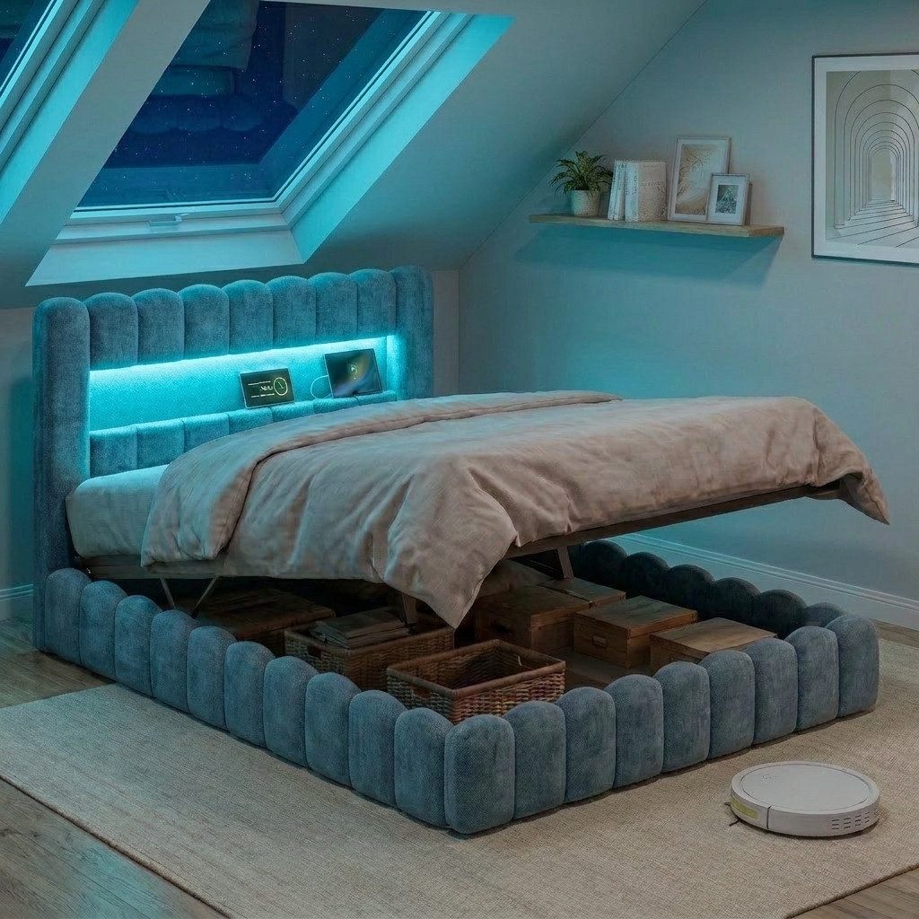 PXloue Polsterbett Doppelbett Jugendbett (ohne Matratze), Stauraumbett, Bettkasten, LED-Beleuchtung, USB-Anschluss, 180x200 cm