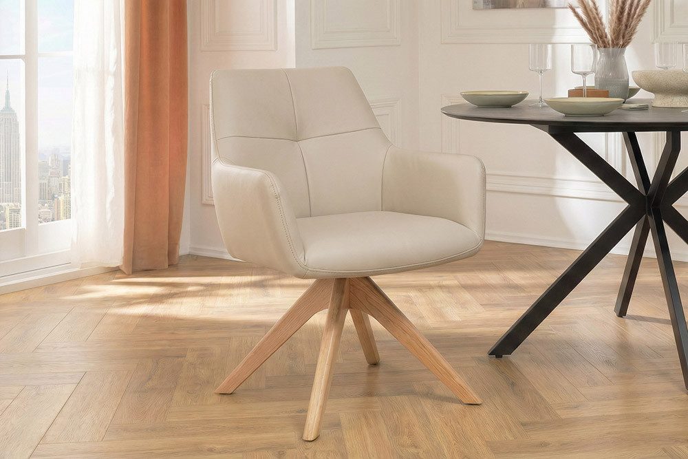 riess-ambiente Drehstuhl ALMARA beige-sand/natur- Eiche, Echtleder, 360°, Massivholz, modern (Einzelartikel, 1 St), Natürlicher Polsterstuhl - ideal f. Ess- & Wohnzimmer oder Home Office