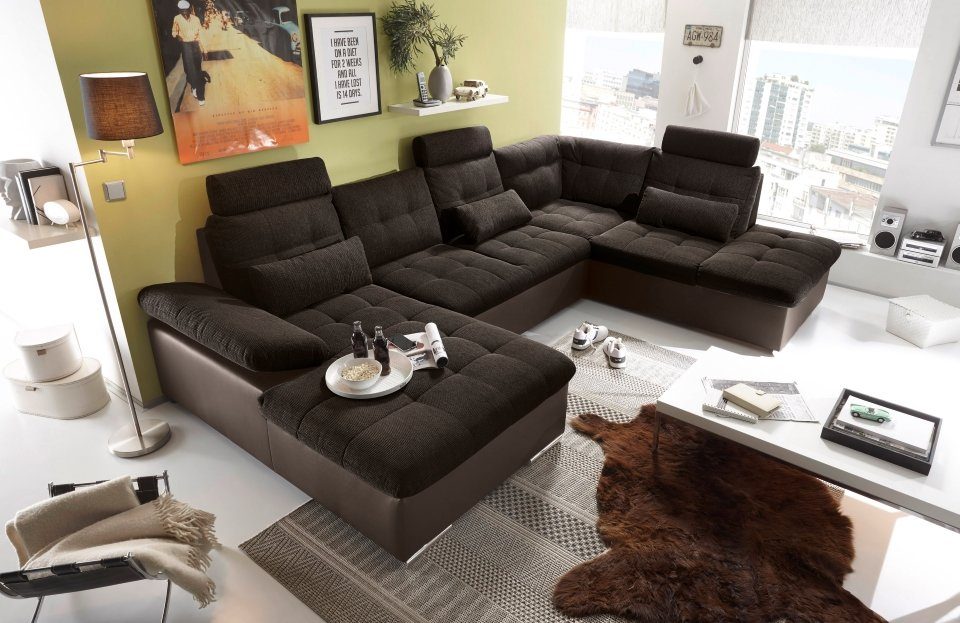 Wohnlandschaft JAKARTA mit Schlaffunktion, Bettkasten, Kopfstützen,Nierenkissen Dark Chocolate / Sumatra Schwarz Braun von ED EXCITING DESIGN
