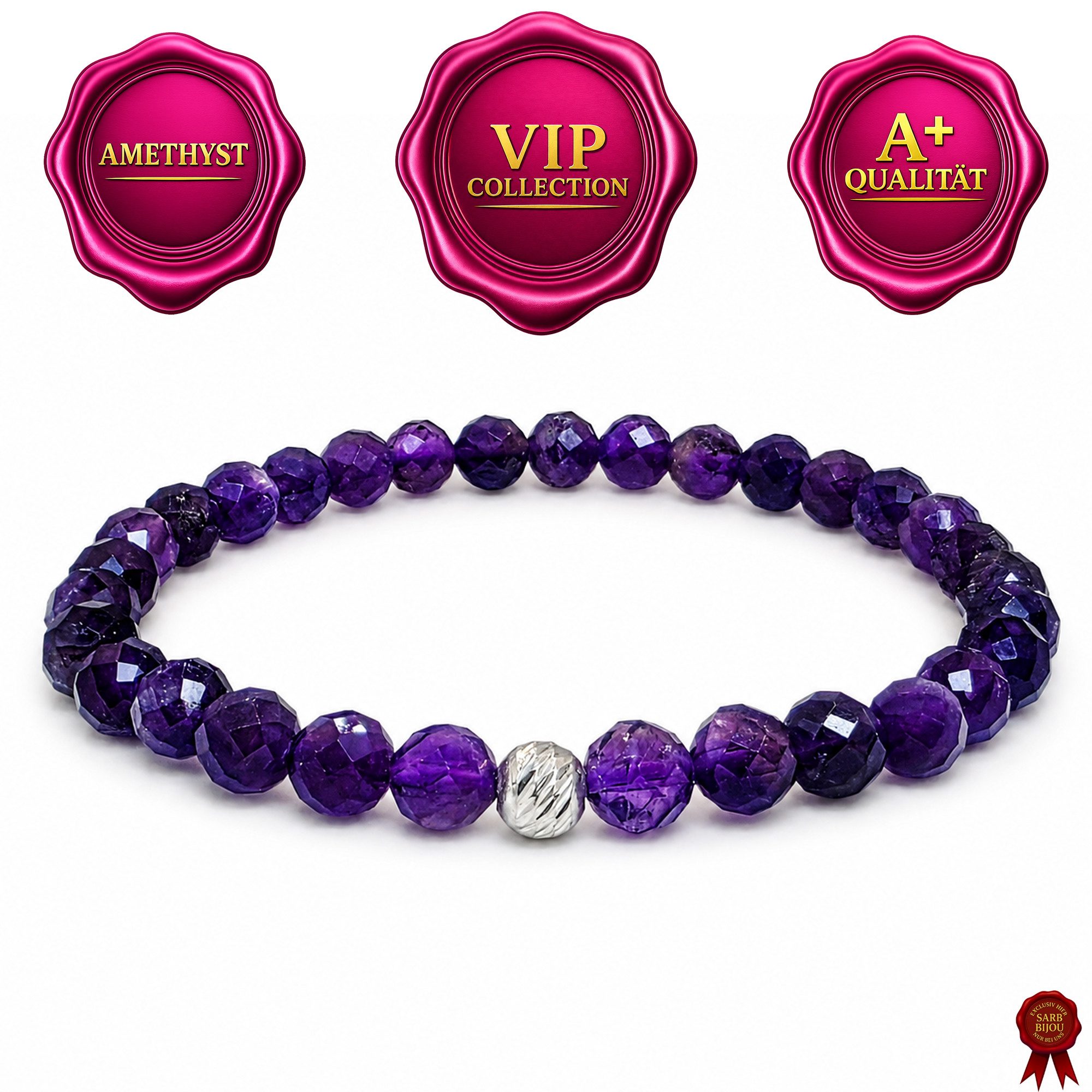 M-Punkt24 Armband Damen Armband 100% Echter Edelstein (AMETHYST, Natur, 925 Echt-Silber-Verschluss), Gummizug, inkl. Etui, SONDERPREIS wegen Produkt-Neuheit