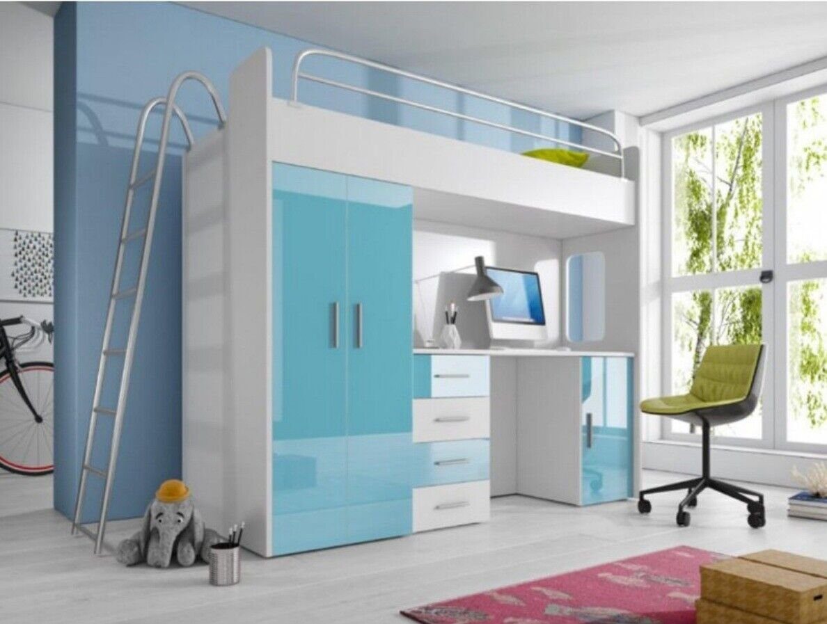 JVmoebel Hochbett Blau Doppelstockbett Etagen Hochglanz Mädchen Schreibtisch mit Bett