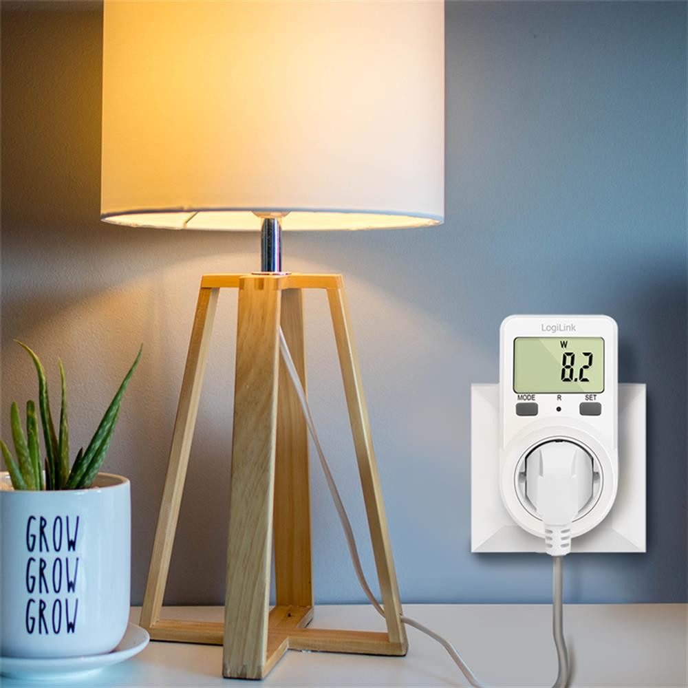 LogiLink Energiekostenmessgerät EM0002B Stromverbrauchsmesser für Steckdose bis 3600 W mit LCD-Display, Strommesser, Kostenanzeige, Verbrauchsanalyse, Datenspeicher