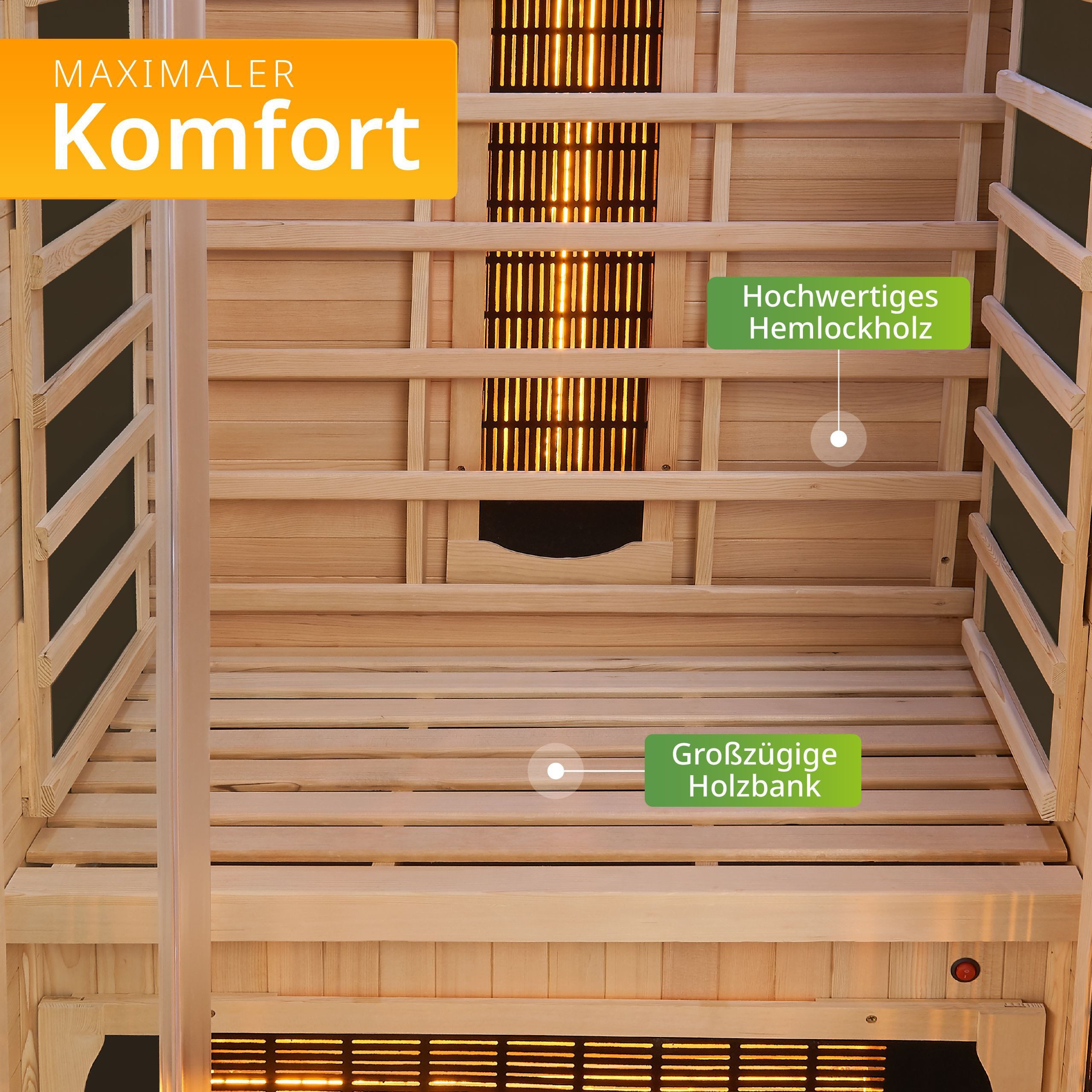 Artsauna Infrarotkabine Kiruna90 Dual Technologie, BxTxH: 90 x 90 x 190 cm, für 1 Personen, Hemlockholz, HiFi-System, Bluetooth, LED-Farblicht