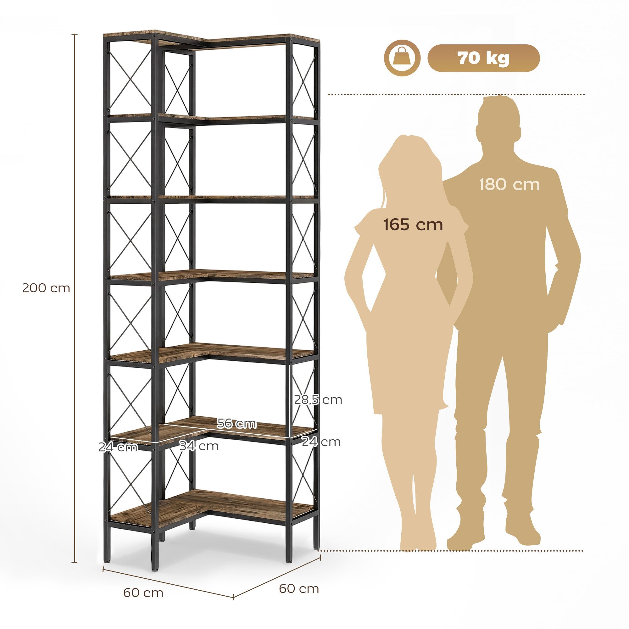 HOMCOM Bücherregal Eckregal mit 6 Ebenen, Büroregal 1-tlg., 60 x 60 x 200 cm, Rustikal-Braun