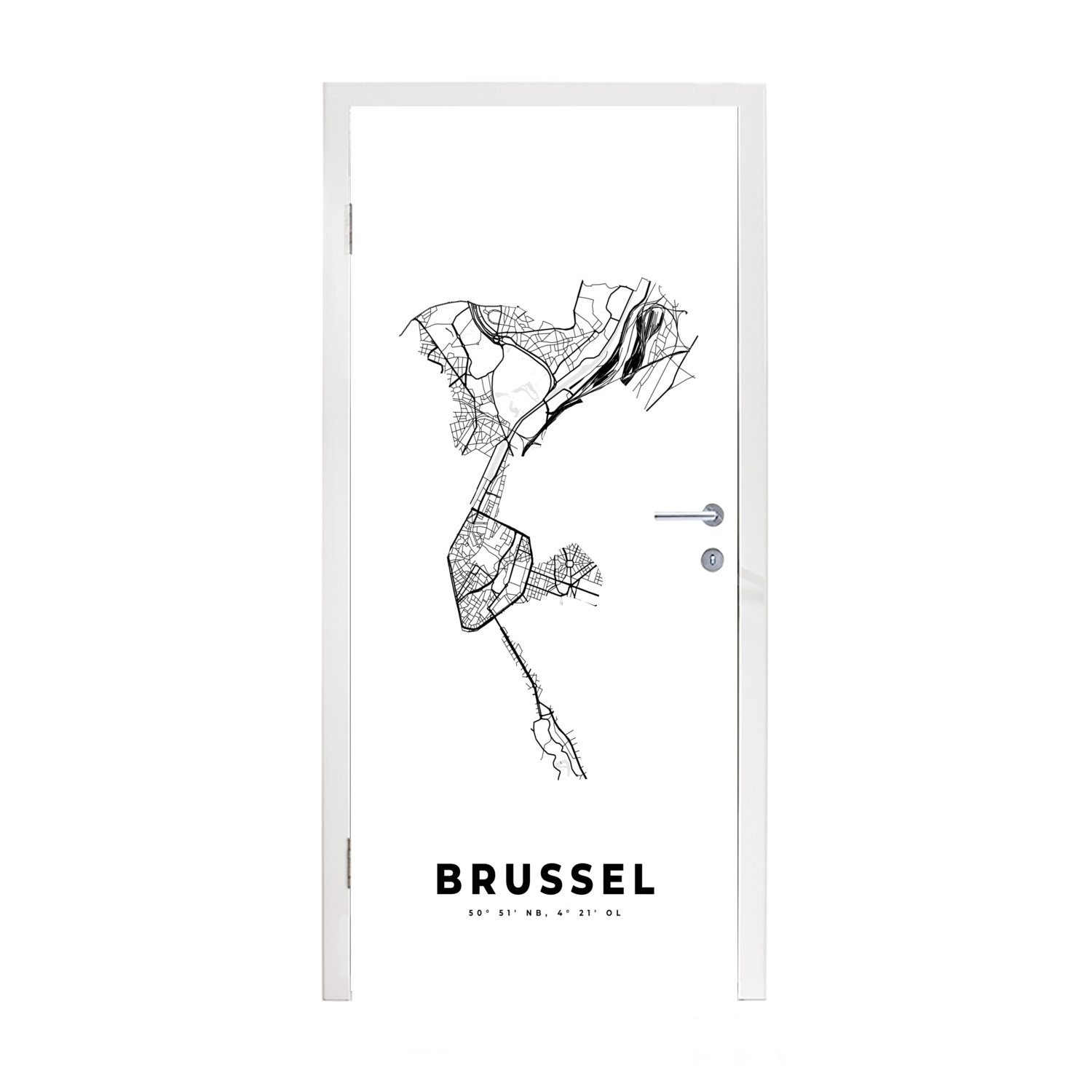 MuchoWow Türtapete Belgien - Brüssel - Stadtplan - Karte - Schwarz und weiß - Karte, Matt, bedruckt, (1 St), Fototapete für Tür, Türaufkleber, 75x205 cm