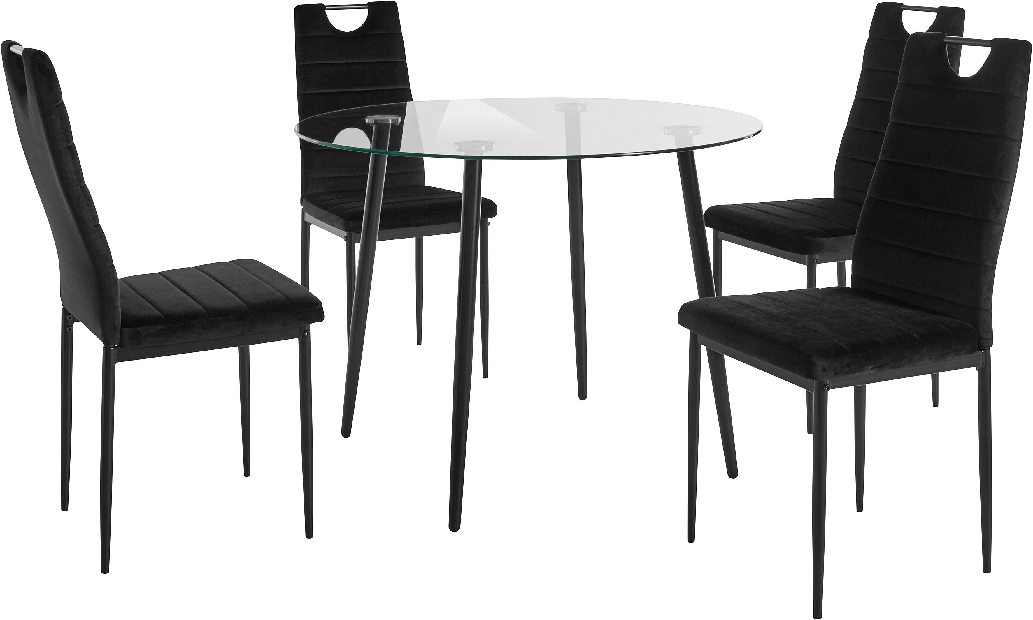 INOSIGN Essgruppe, (Set, 5-tlg), runder Glastisch, Ø 100 cm und 4 Esszimmerstühlen, Bezug aus Samtstoff schwarz
