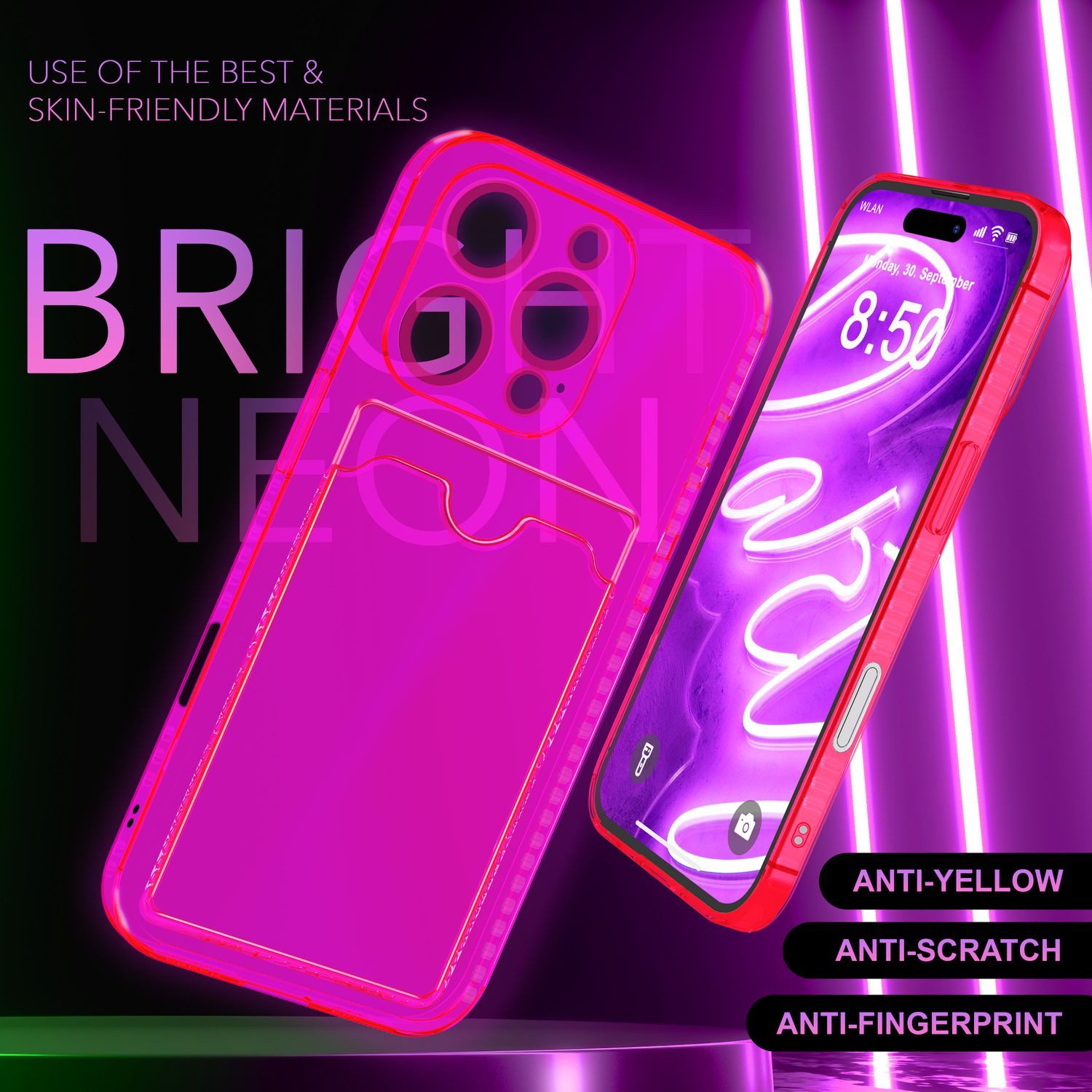 Nalia Smartphone-Hülle Apple iPhone 16 Pro 16 cm (6,3 Zoll), Klare Neon Silikon Hülle mit Kartenfach / Durchsichtig Bunt Leuchtend