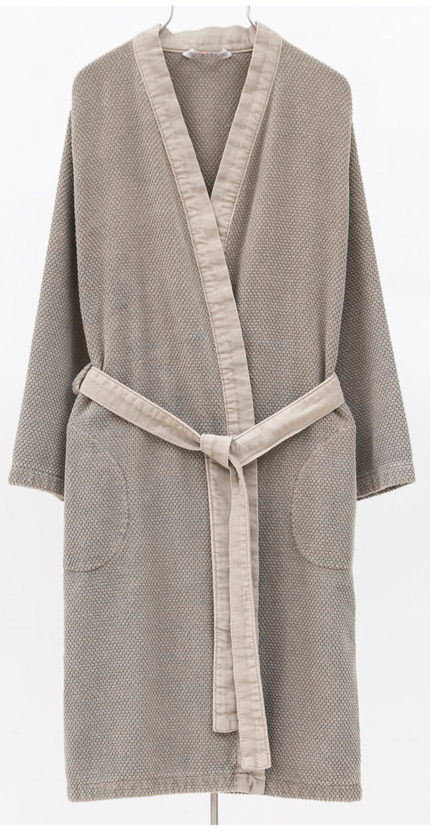 Lasa Home Unisex-Bademantel, Baumwolle, Kimono-Kragen, Gürtel, Stonewashed