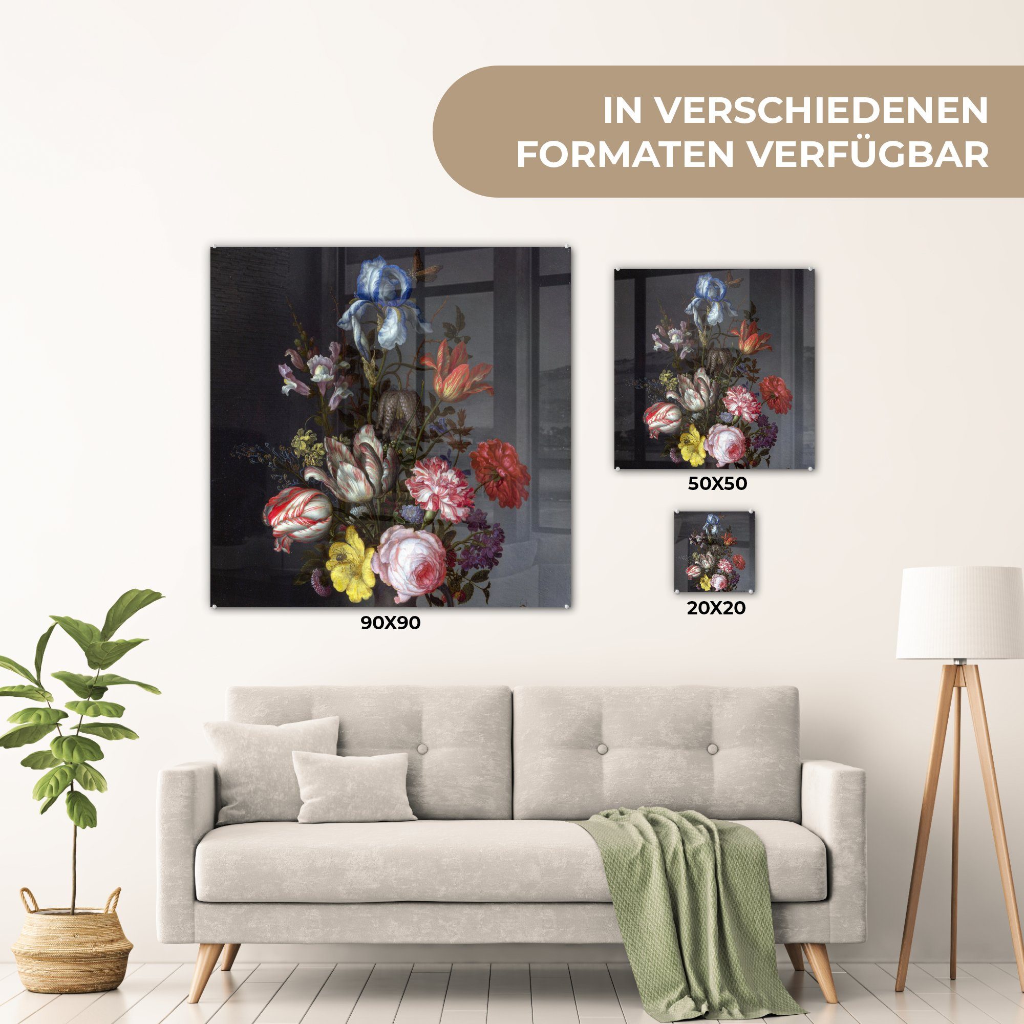 Ast, Blumen - auf St), Glas - Wanddekoration Glasbilder mit - bunt Muscheln - auf Vase MuchoWow Bilder (1 einer Balthasar Foto und Insekten Glas Acrylglasbild der in Wandbild van