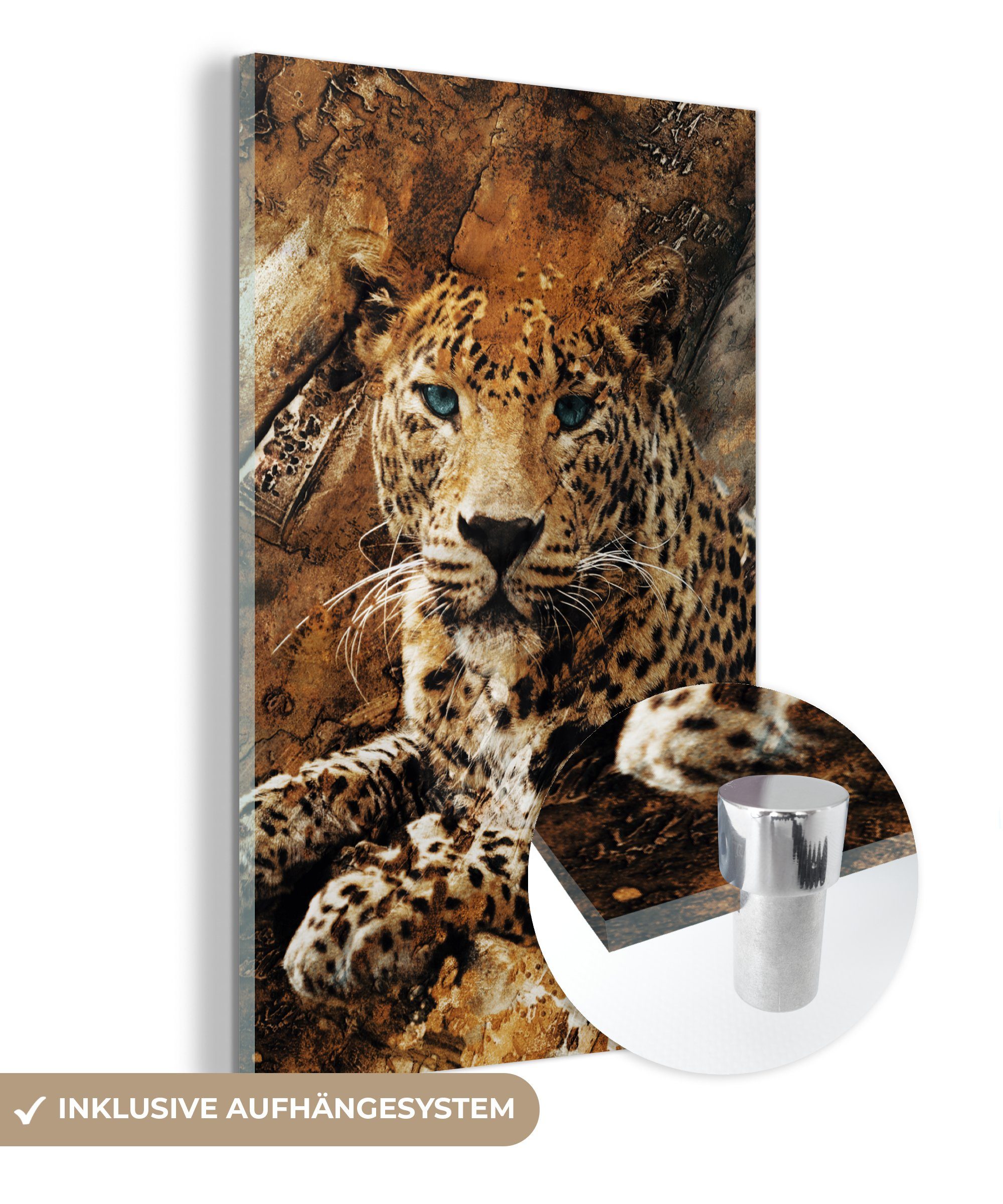 - Foto Leopard Wand, - - - Glas Wandbild Steine - auf Wanddekoration St), Glasbilder MuchoWow Acrylglasbild Glas Bilder (1 auf