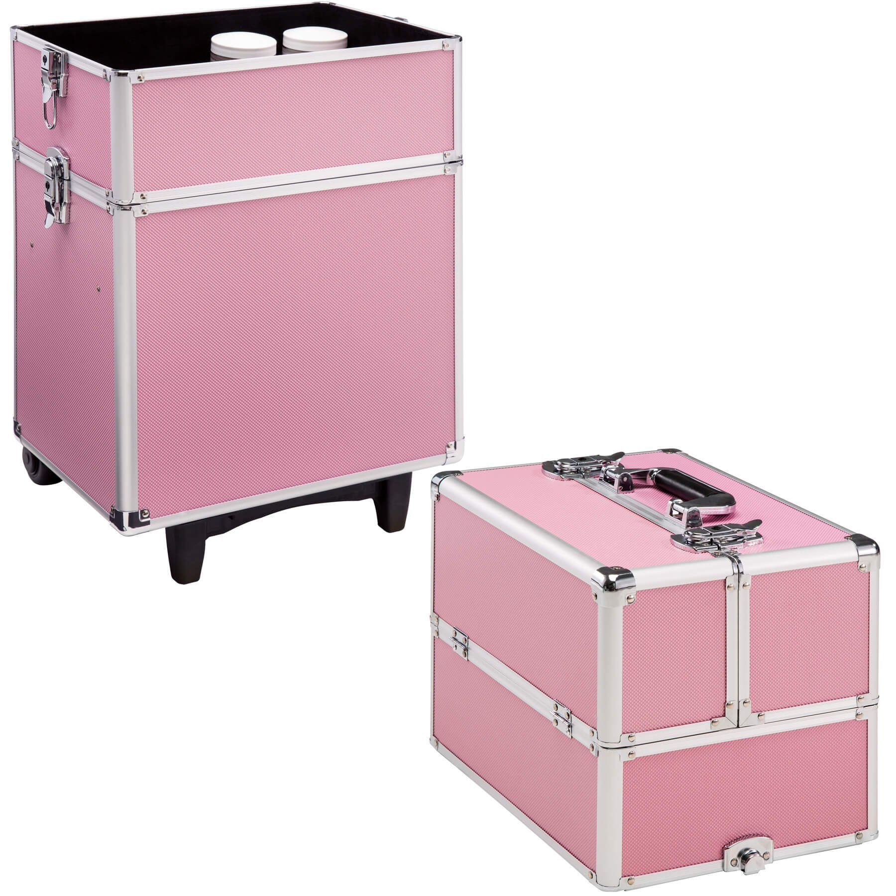 tectake Koffer Kosmetiktrolley mit 3 Rollen, erweiterbar pink Etagen, 2