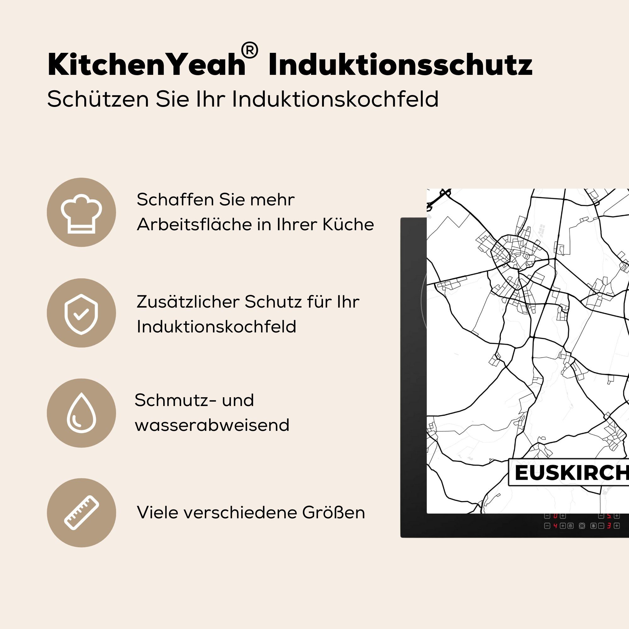 küche cm, Arbeitsplatte (1 Vinyl, Euskirchen - für MuchoWow Stadtplan, Herdblende-/Abdeckplatte Karte Ceranfeldabdeckung, 78x78 tlg), -