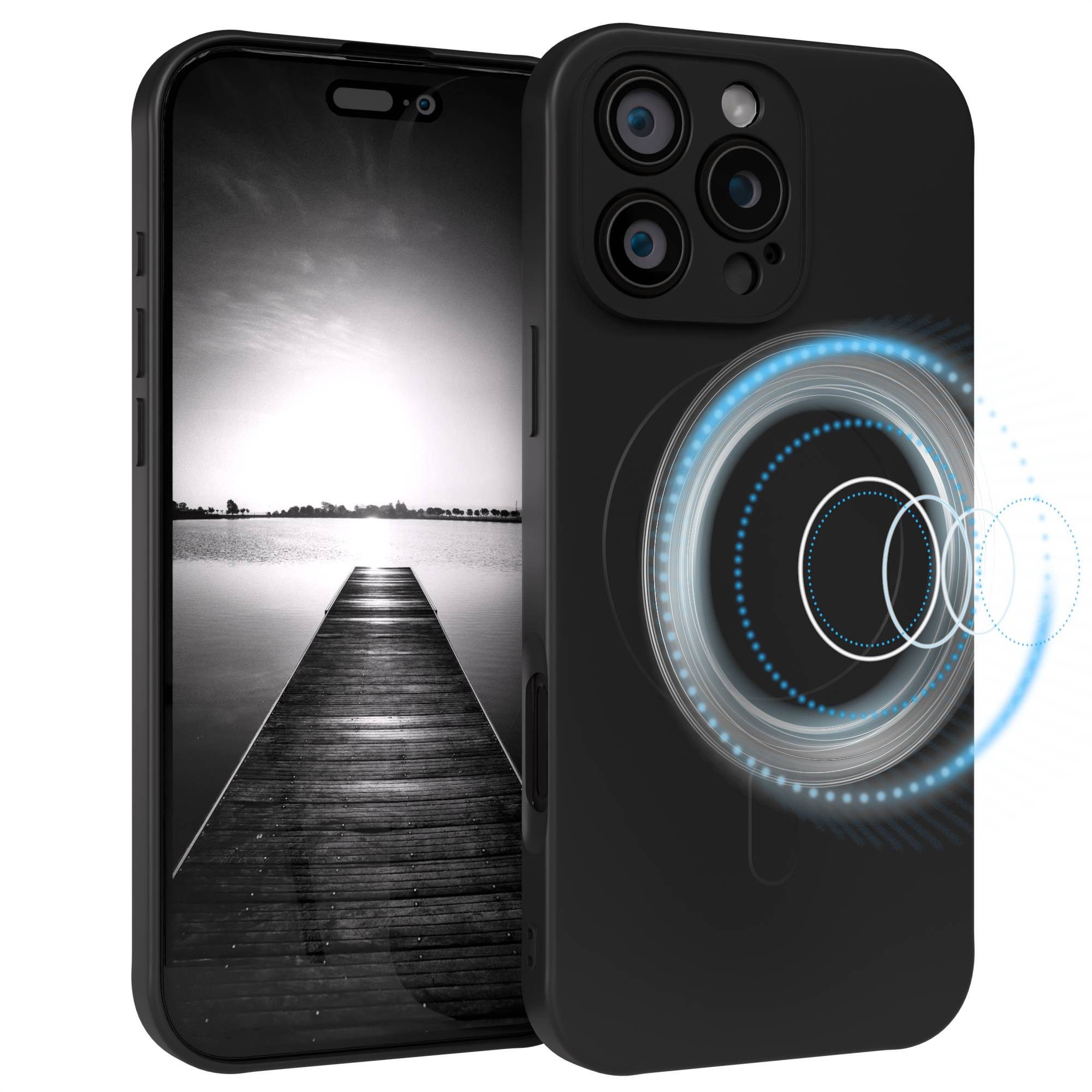 EAZY CASE Handyhülle für Apple iPhone 16 Pro Max Hülle Silikon 6,9 Zoll, Schutzhülle mit MagSafe kratzfest Back Cover Kameraschutz Schwarz
