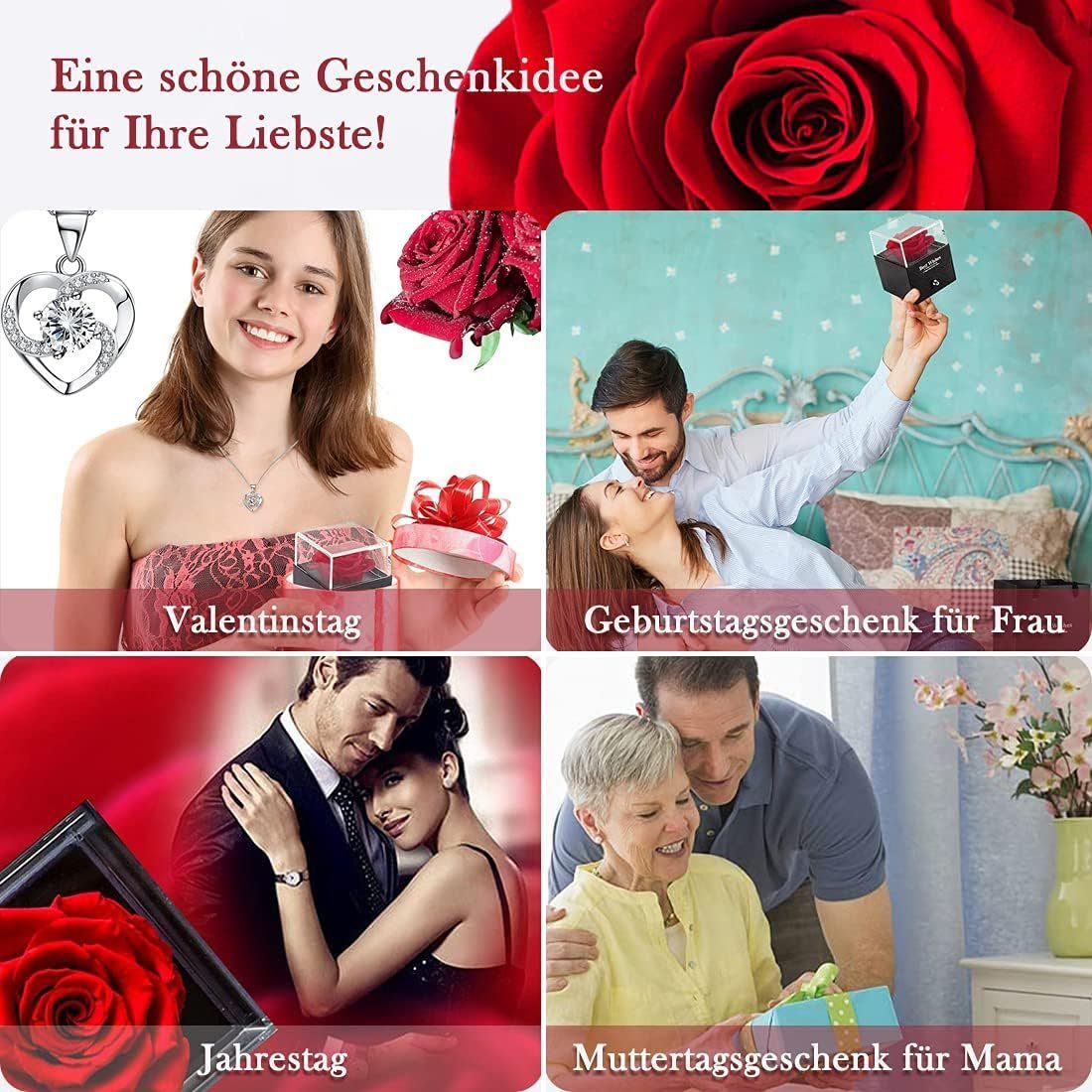 Rose Konservierte 925 und für Ohrringe XDeer blau aus Schmuckset Sterlingsilber, Blumen Ewige Frauen,Schmuckset Geschenk Rosenbox,Rose Halskette mit Herz