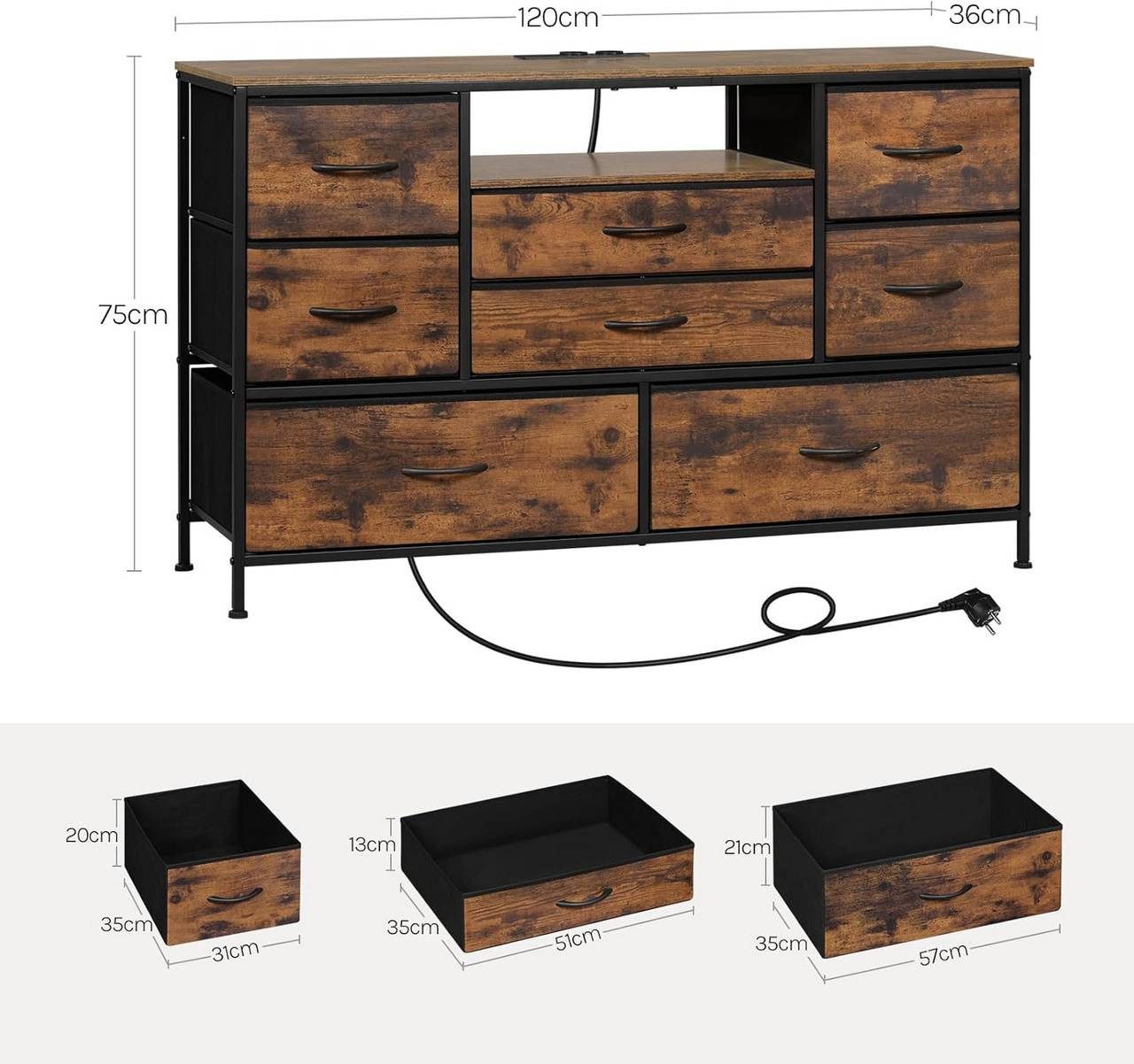 Woltu Kommode (1 St), mit 8 Schubladen, Metallrahmen, Mit Led-Licht, Vintage-Stil