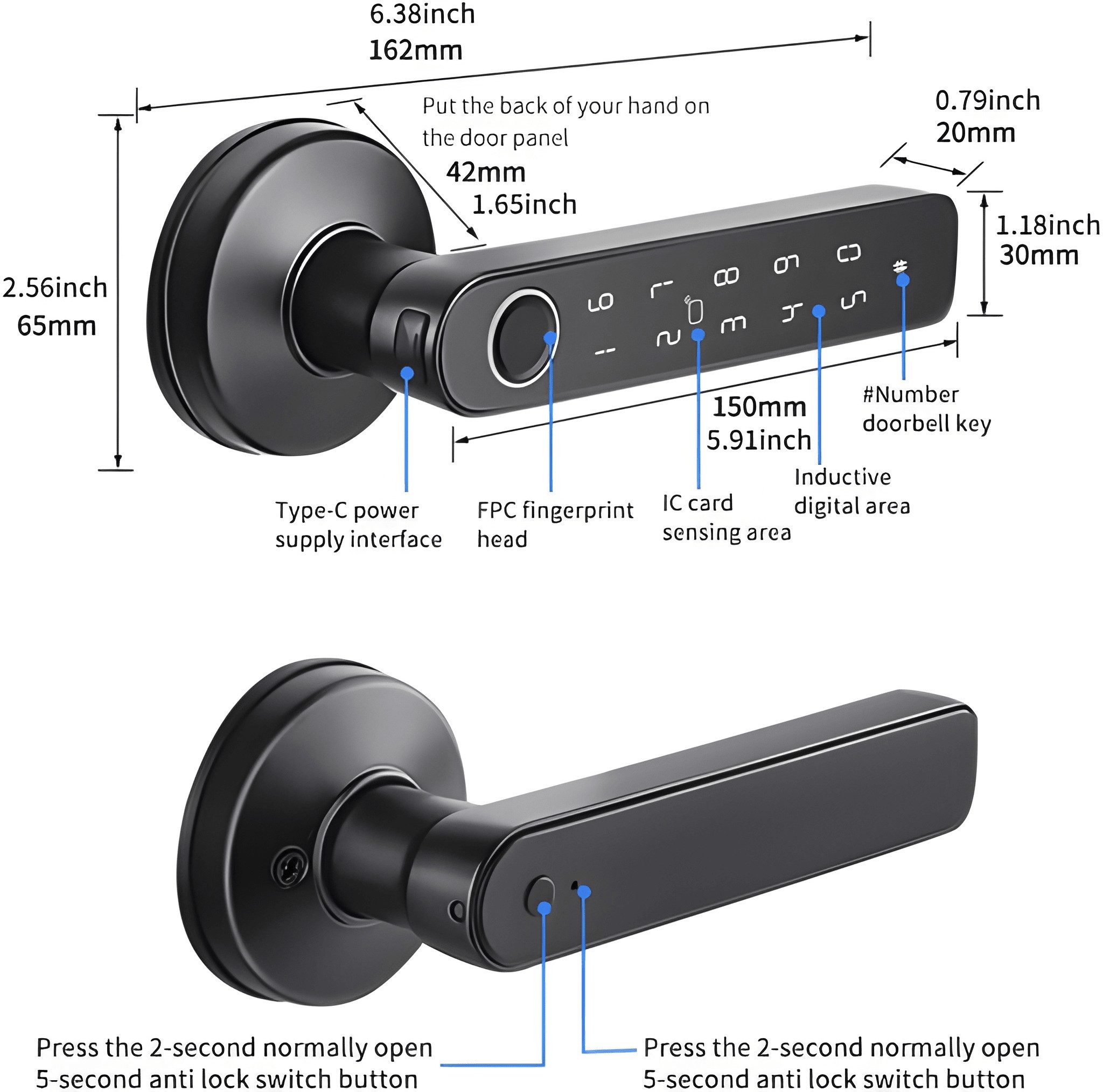 Tuya Türschlossantrieb BLE Fingerabdruck-Türschloss digitales elektronisches Schloss, App-Steuerung via Bluetooth, Tastatur zur Eingabe von PIN-Codes – Bild 5 von 5