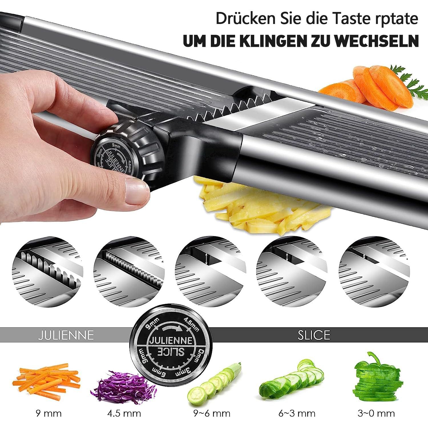 MOPUEA Gemüseschneider Mandoline Gemüsehobel Nicer Dicer mit Handschuhen multifunktional 11ST, Sicher, verstellbar 1-9mm, Edelstahl, rutschfest, leicht zu reini – Bild 5 von 5