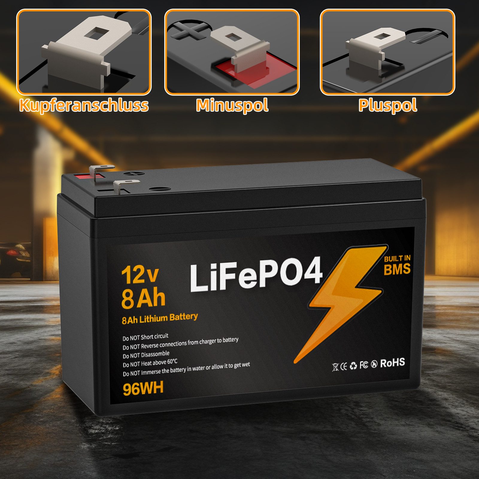 Blossom Akku 12V 8Ah Lithium-Eisenphosphat Akku mit Smart BMS IP67 LiFePO4 Batterie, wasserdicht Lithium Akku 96Wh 3000+ Ladezyklen für Solaranlage Camping – Bild 5 von 5