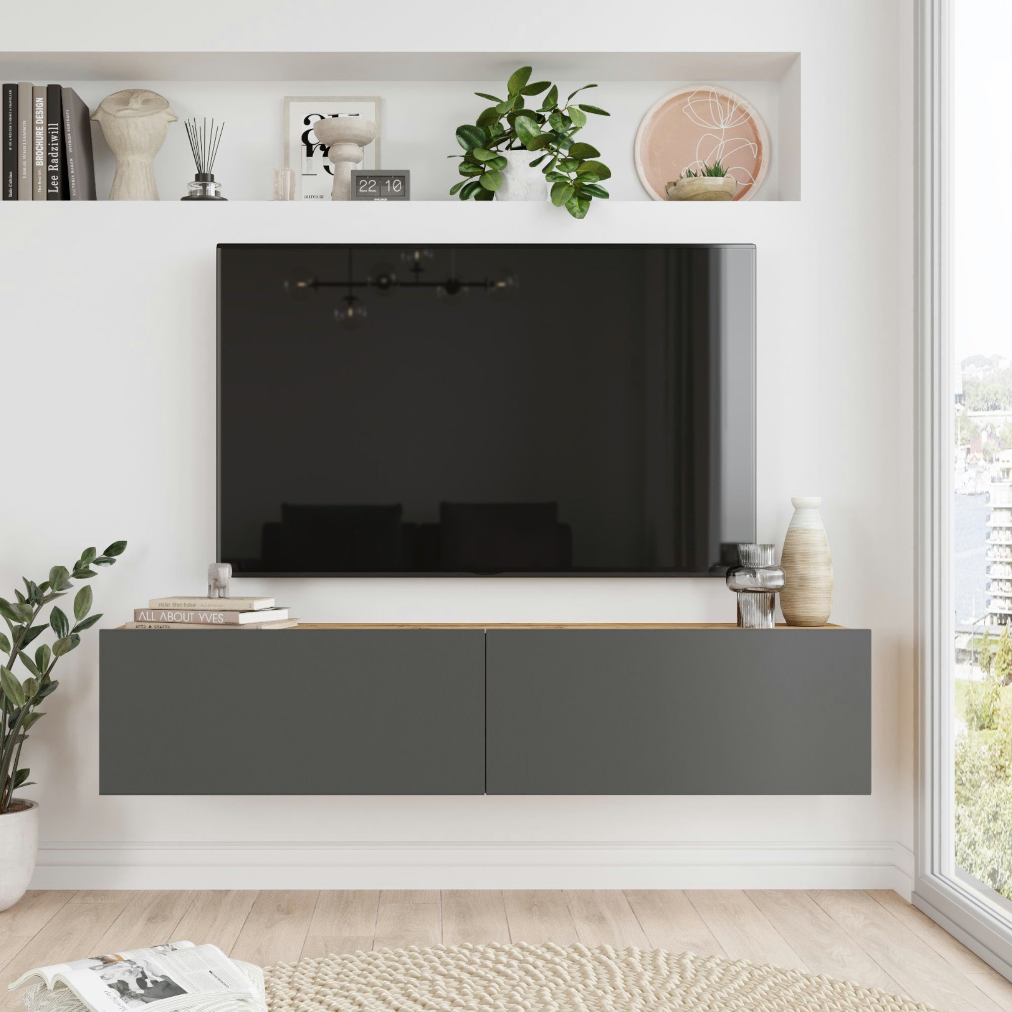 en.casa TV-Schrank »Lapinlahti« 140x31,5x29,5cm Eiche rustikal/Anthrazit – Bild 4 von 5