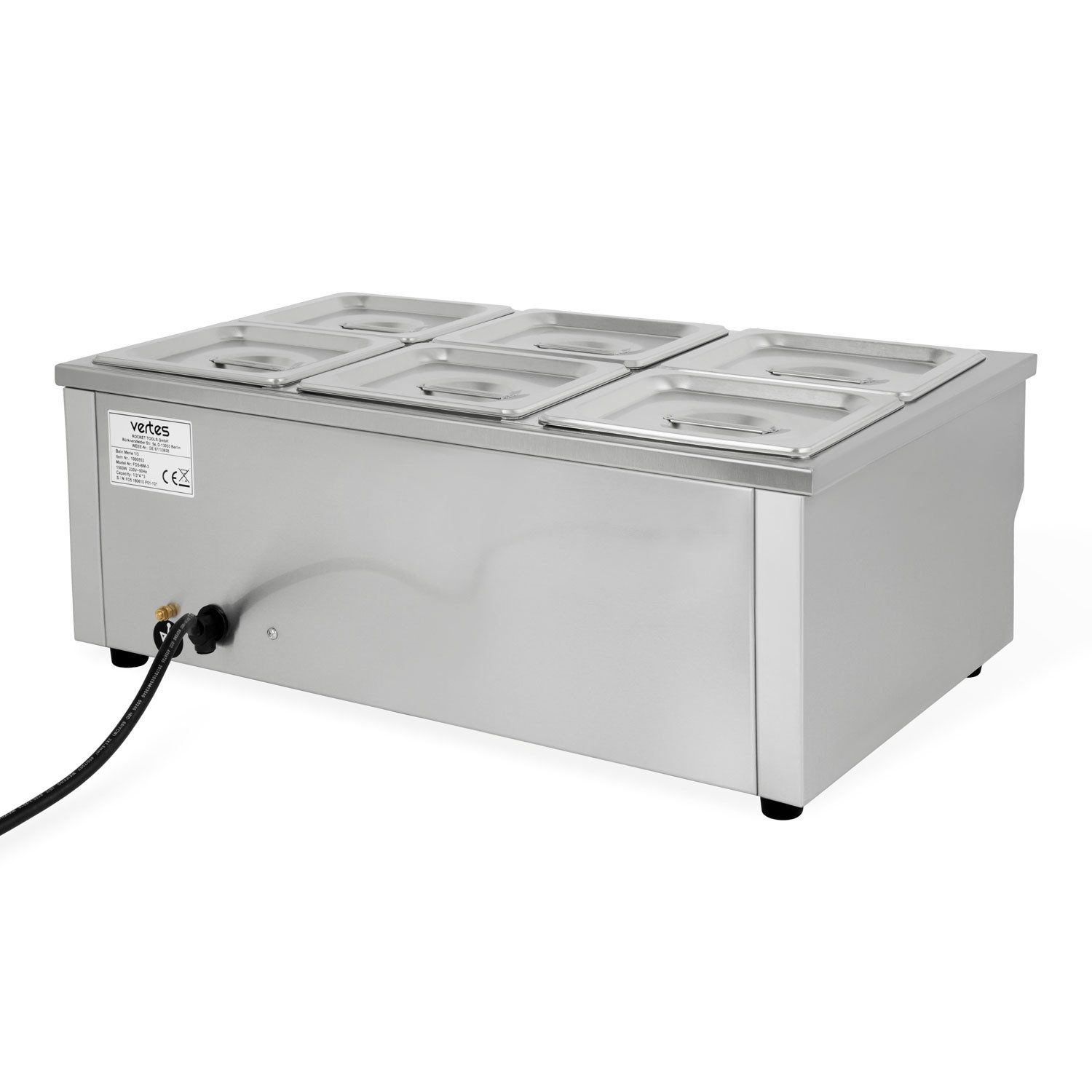 vertes Speisenwärmer Elektrisch 1500W aus Edelstahl, (6X 1/6 GN Behälter mit Deckel für 6X 1,6L), Ablasshahn, Bain Marie Wasserbad, Temperatur 50-200°C