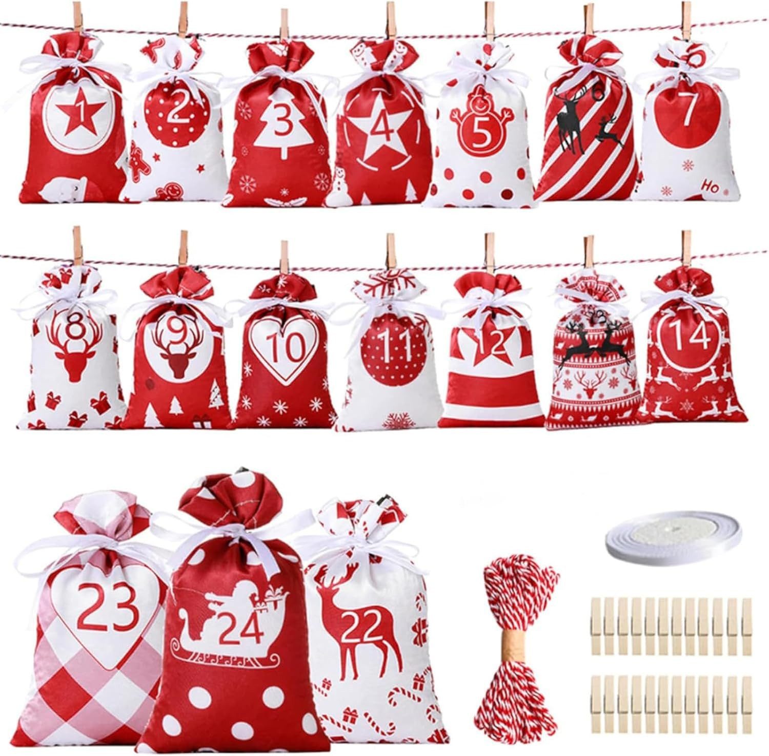 Bomiclss befüllbarer Adventskalender 24 Stück Weihnachts-Adventskalender-Taschen, mit Kordelzug, Wiederverwendbare Stoff-Geschenktüten für den Weihnachts-Countd – Bild 5 von 5