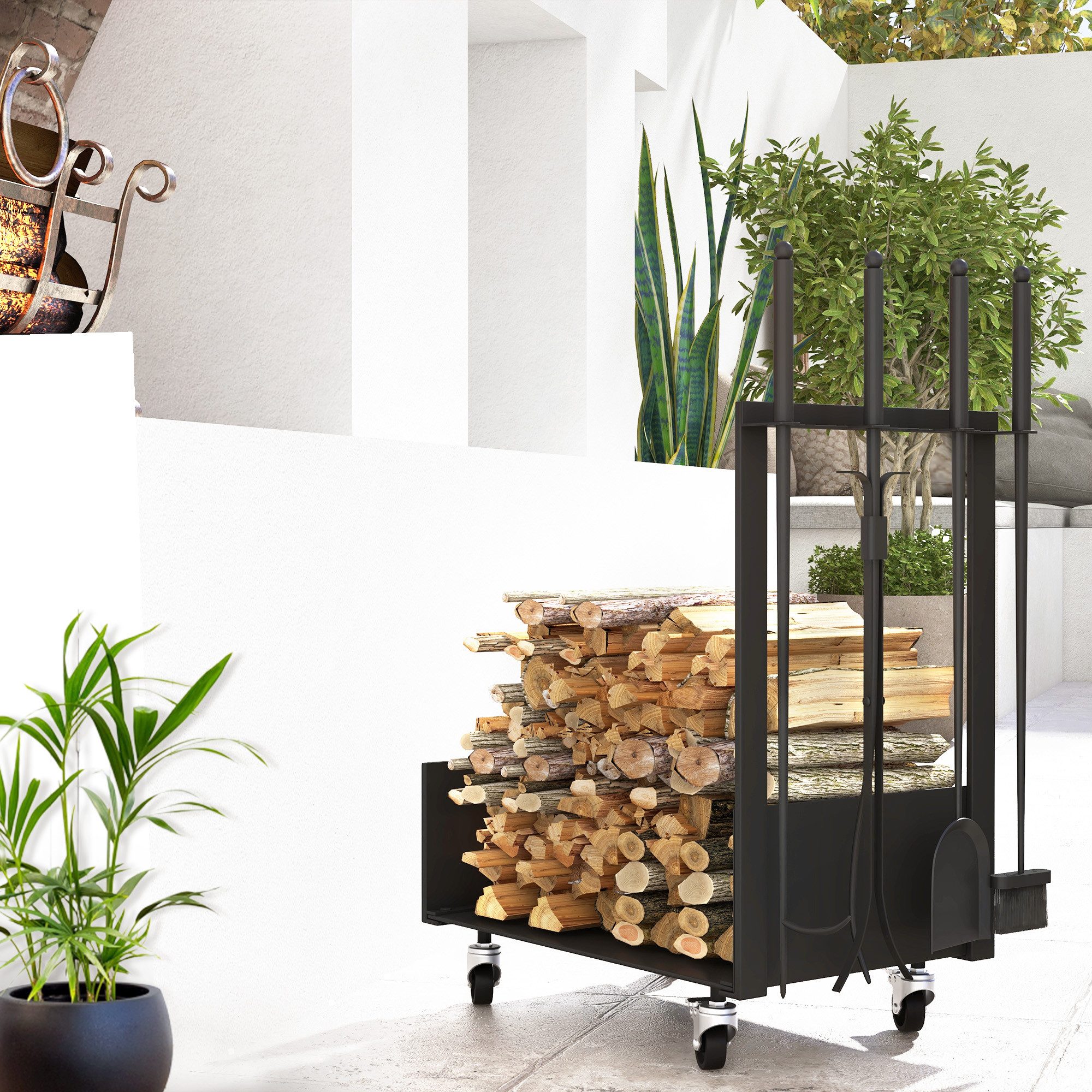 Outsunny Kaminholzregal Holzregal mit Rollen, Metall-Kaminholzhalter, BxTxH:48x30x76 cm, (mit Schaufel, Besen, Schürhaken, 1-St., mit Zange, Seitenhaken), für draußen und drinnen, Schwarz