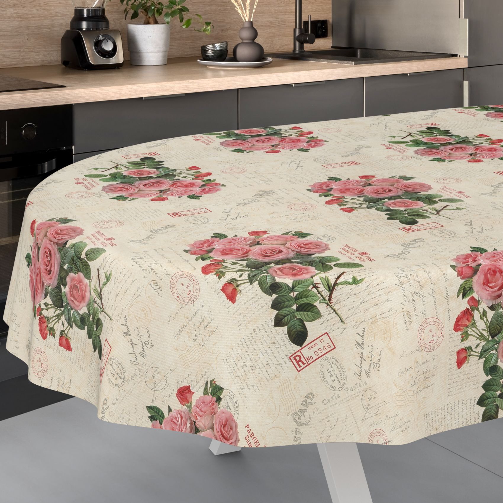 ANRO Tischdecke Wachstuch abwaschbar Postkarte Rosen Tischwäsche (Einzelstück 1-tlg), wasserabweisend pflegeleicht Shabby Chic Beige Oval 180x140cm