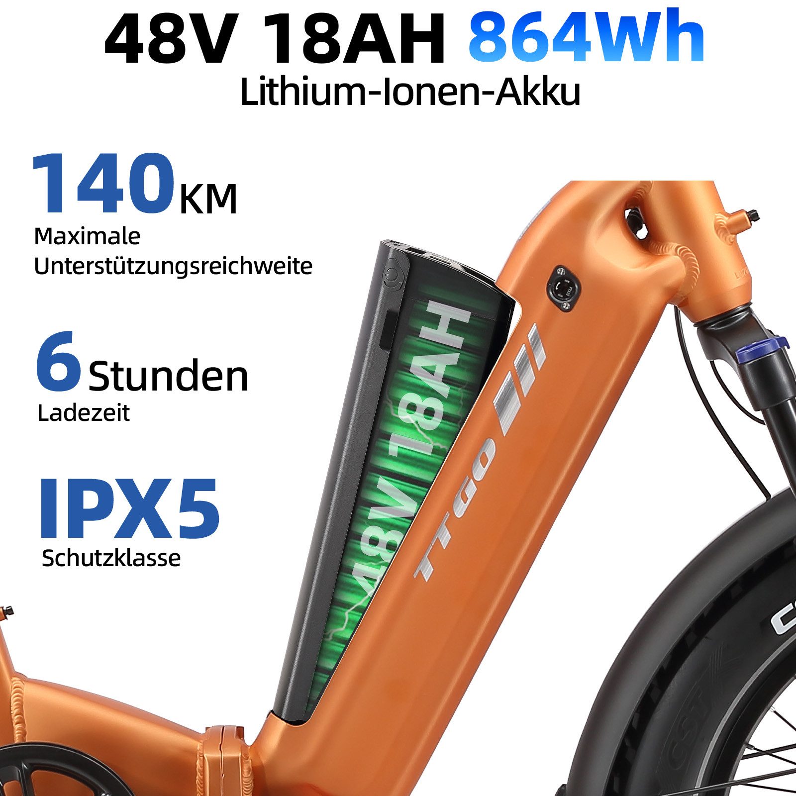 TTGO E-Bike Klapprad 20x4 Zoll, 70Nm Hinterradmotor, 140km, F6B, Drehmomentsensor, 7 Gang SHIMANO, Kettenschaltung, Heckmotor, 864 Wh, MAX. 150kg, Federgabel mi – Bild 5 von 5
