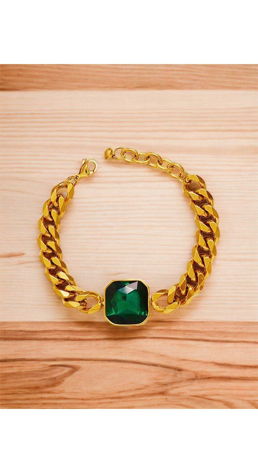Karisma Schmuck Panzerarmband Damen Titan/Edelstahl Vergoldet 18K Smaragdgrüner Stein BWS500