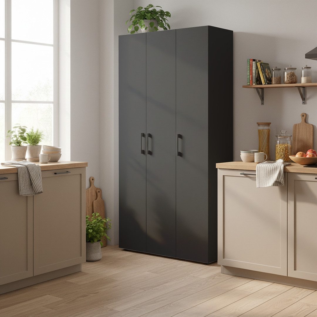 Bellamio Mehrzweckschrank Apol, Hochschrank aus Holz, Aufbewahrungsschrank (Schwarz) Akten- und Besenschrank mit 7 Fächern, inkl. Staubsaugerfach – Bild 2 von 5