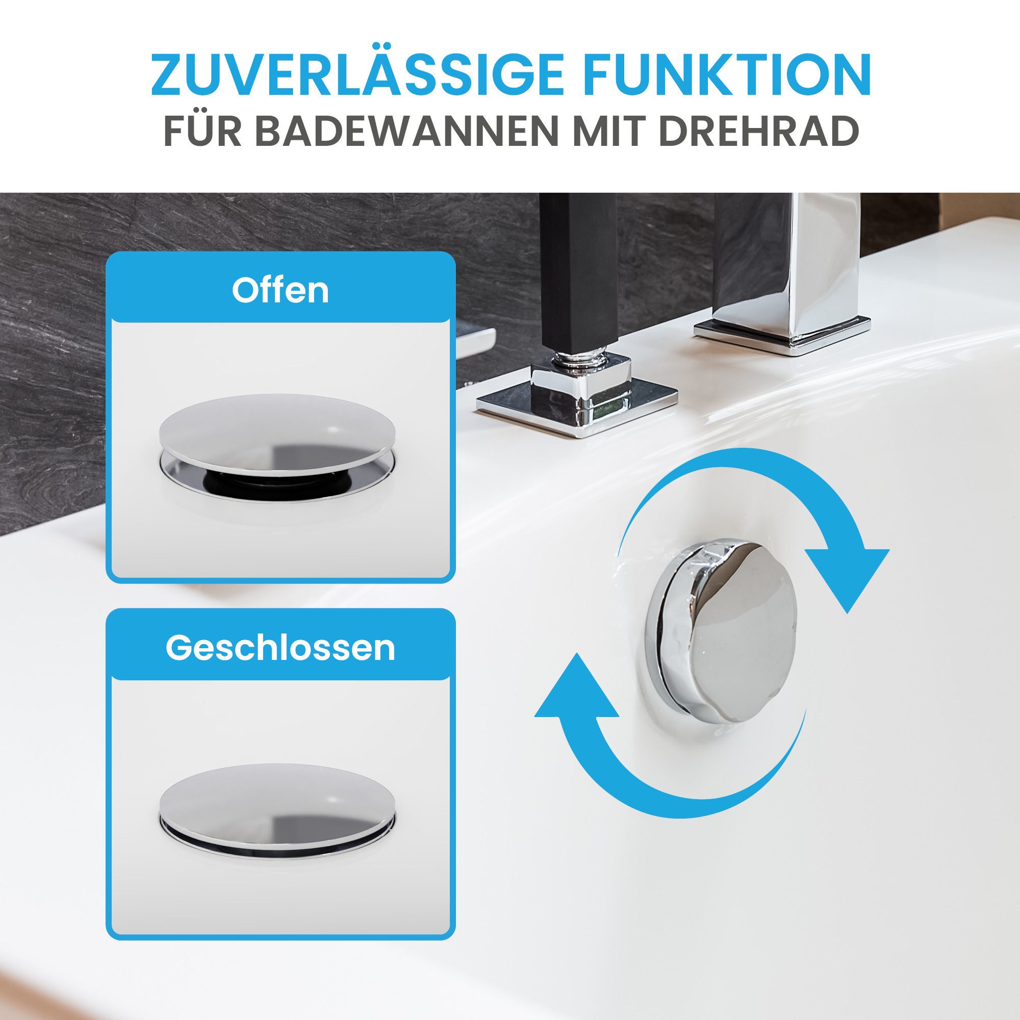 Bächlein Badewannenstöpsel Hochwertiger Badewannenstopfen mit Excenterverschluss, (Chrom), Ablaufgarnitur für jede Badewanne inkl. Dichtungen – Bild 5 von 5
