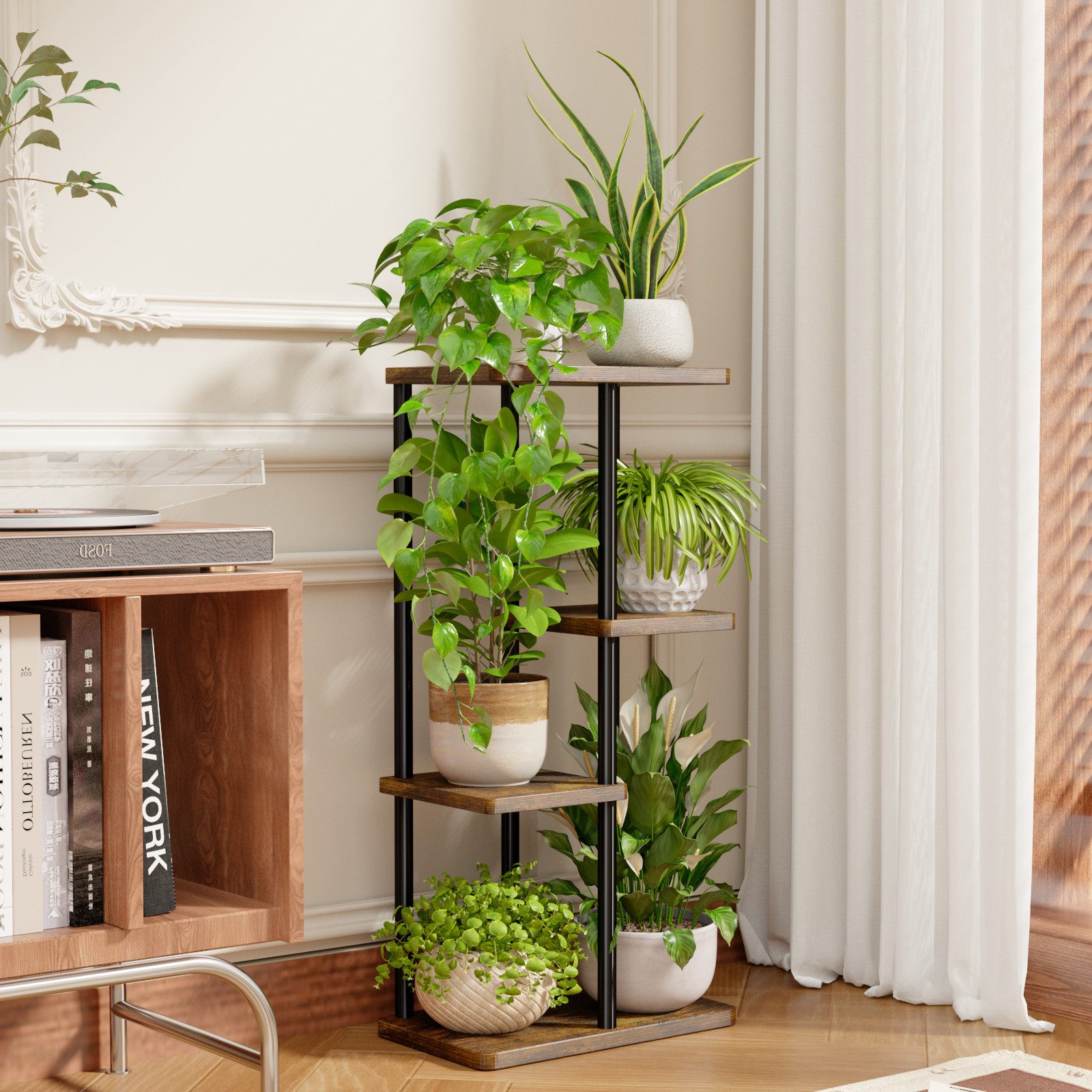 Bamworld Blumenständer Blumenschelf Pflanzenständer Pflanzenregal für mehrere Pflanzen (1 St), 4 Ebenen für 5 Töpfe, Eckpflanztisch – Maße 40 x 24 x 78 cm – Bild 4 von 5