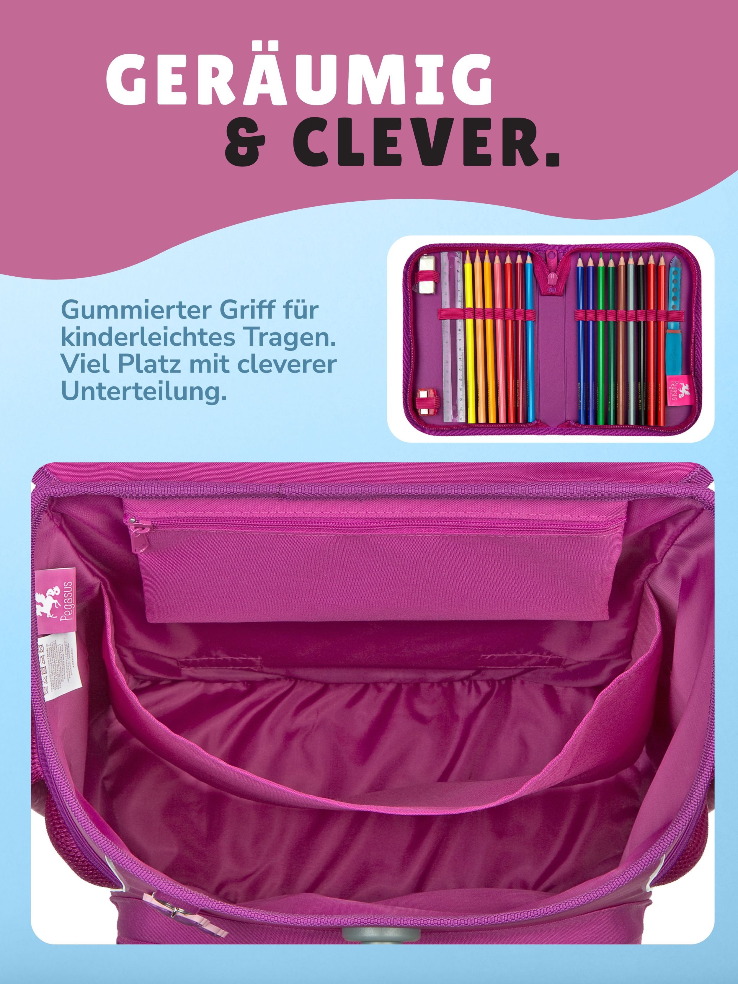 Scooli Schulranzen CampusFit Schultasche ab der 1. Klasse, Grundschule, Motiv für Mädchen (Set, 5-tlg., inkl. Federmappe), 980 Gramm; mit Brustgurt; 18L Volumen; Lila/Violett mit PEGASUS Pferd