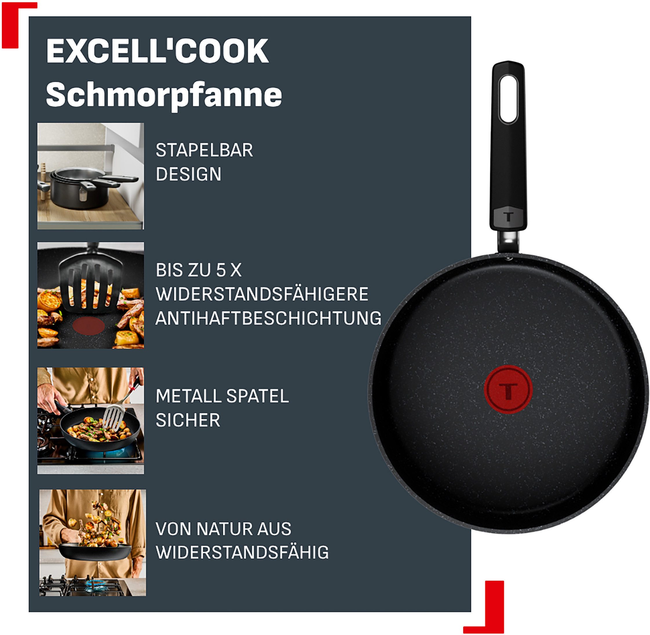 Tefal Schmorpfanne Excell'Cook, Aluminium (1 Schmorpfanne 24 cm inkl. Glasdeckel), leistungsstarke Antihaftbeschichtung, Induktion, metallspatelsicher