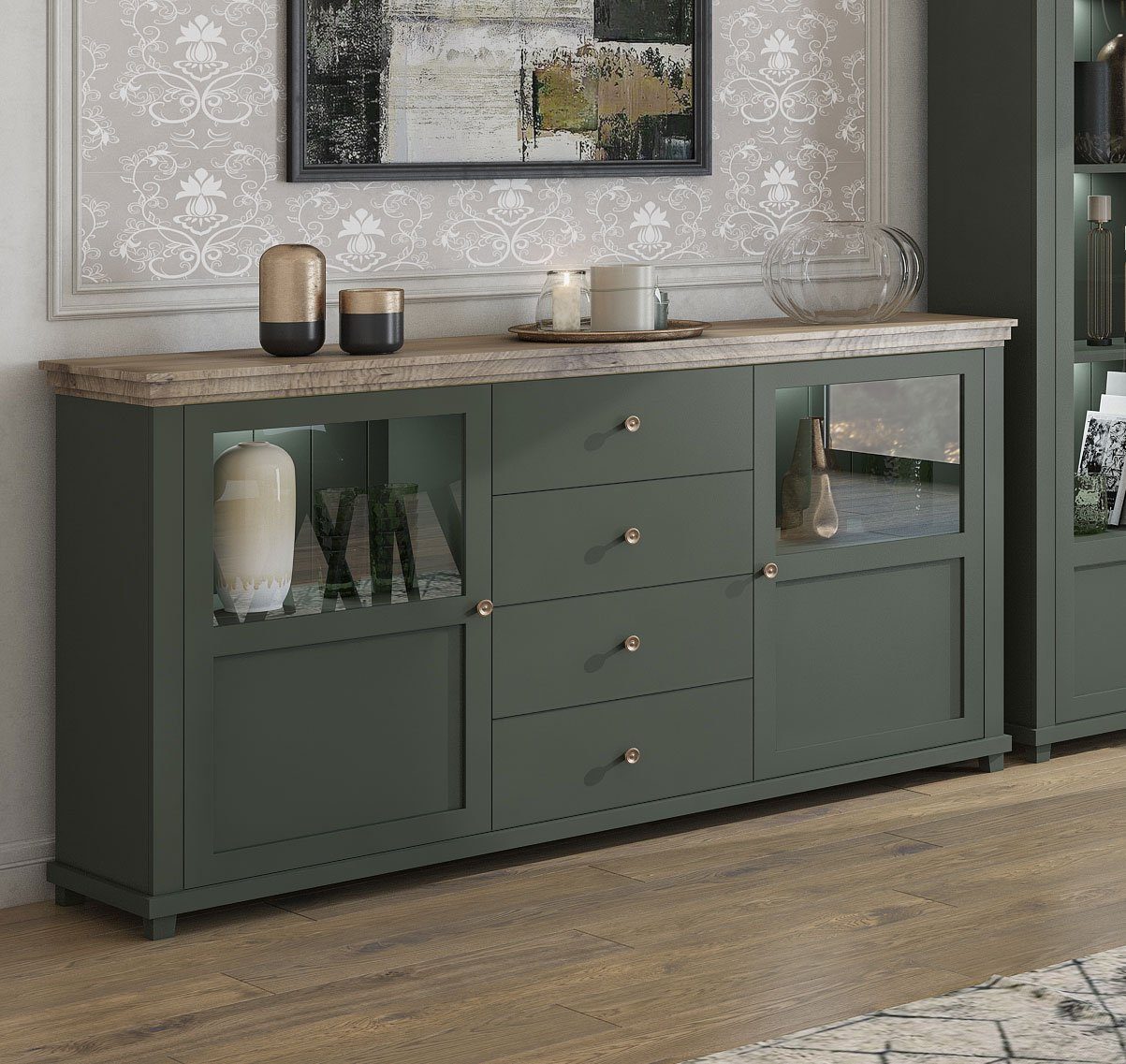 Helvetia Sideboard »Elda«, 181cm grün / Eiche Lefkas 2türig mit 4